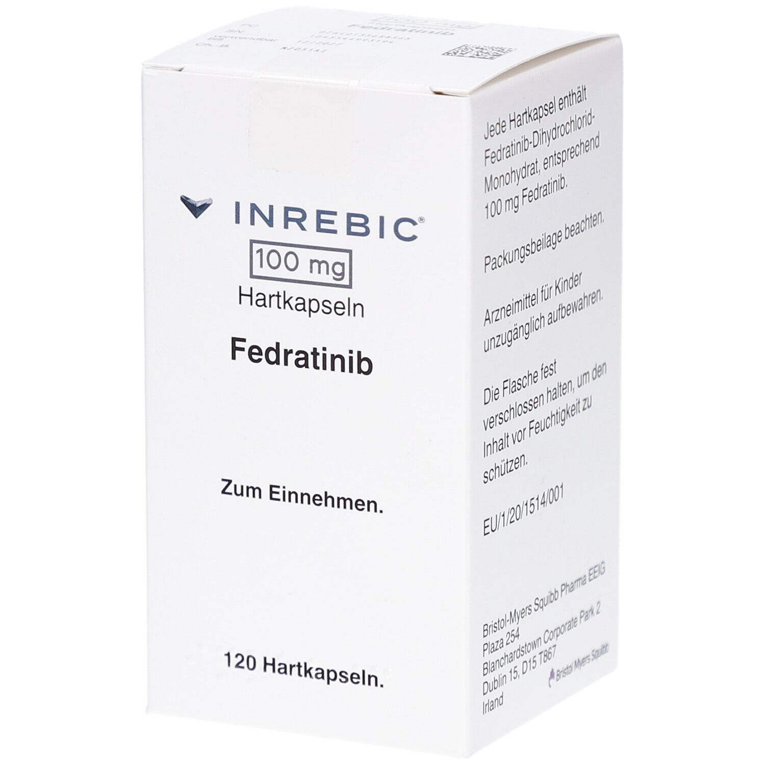 Weiße Arzneimittelbox mit INREBIC-Logo, 100 mg Hartkapseln, Fedratinib. Text: Zum Einnehmen, 120 Hartkapseln. Enthält Informationen.