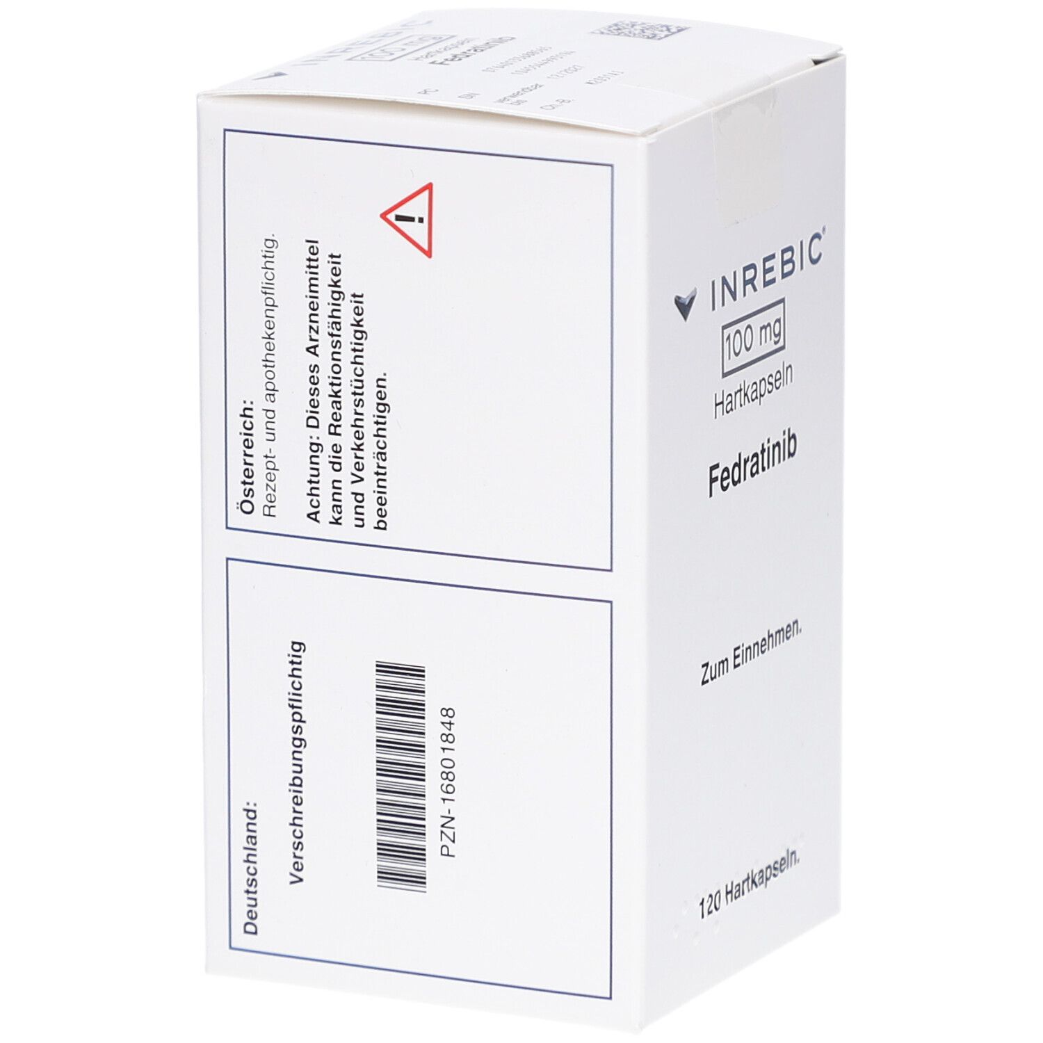 Weiße Schachtel mit INREBIC 100 mg Hartkapseln. Warnhinweis und Barcode. Text: Verschreibungspflichtig.
