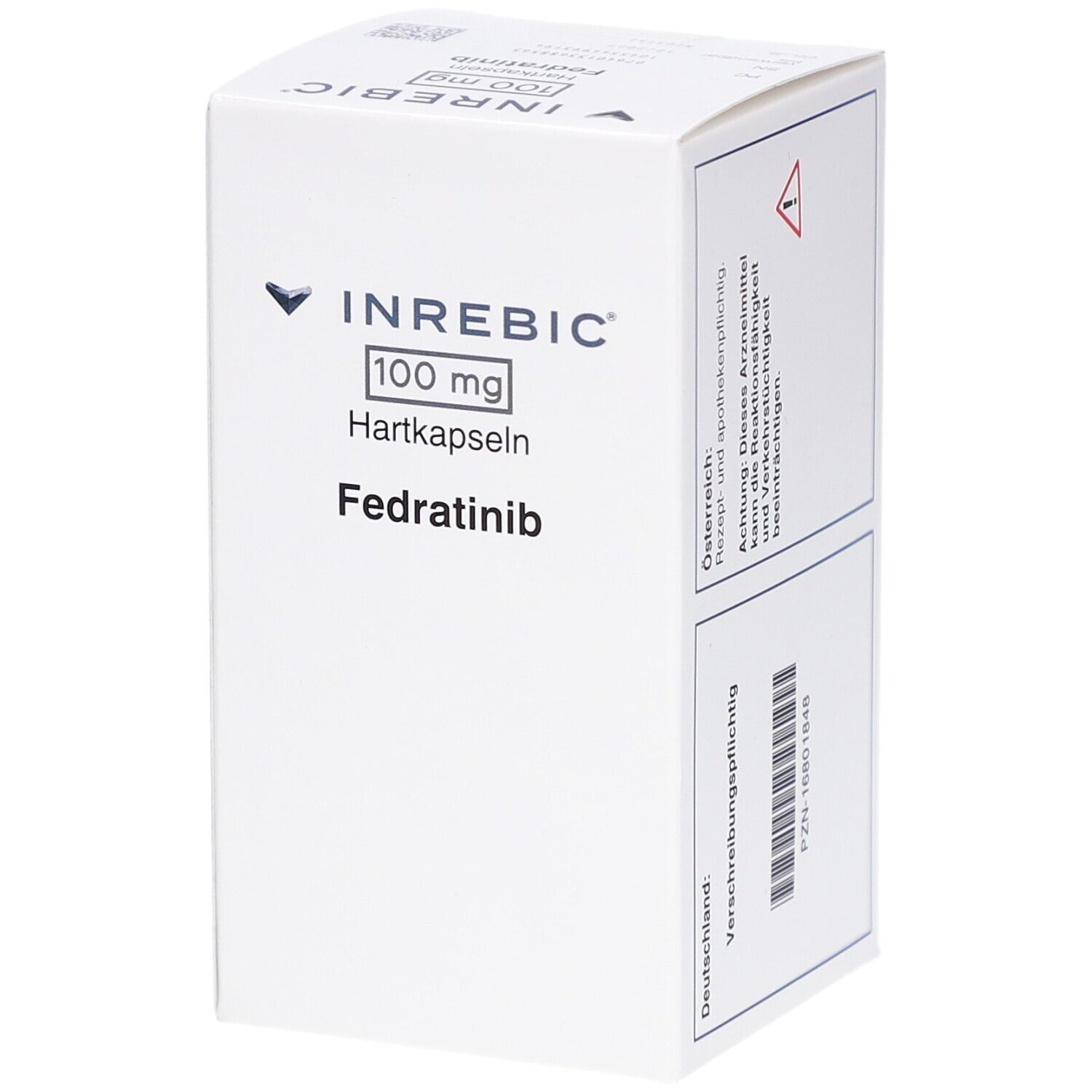 Weiße Arzneimittelbox mit INREBIC-Logo, 100 mg Hartkapseln, Fedratinib. Enthält Warnhinweise und Barcode. Text: Verschreibungspflichtig.