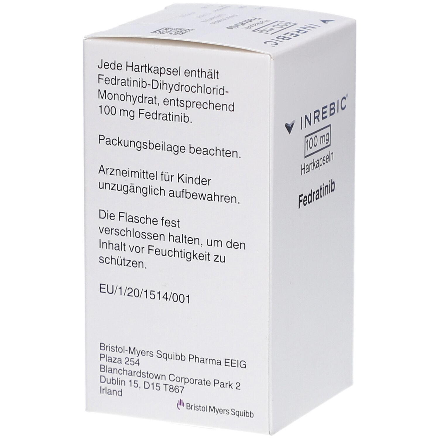 Weiße Arzneimittelbox mit INREBIC-Logo, 100 mg Hartkapseln, Fedratinib. Rückseite mit Text: Inhaltsstoffe, Anwendungshinweise, Vorsichtsmaßnahmen.