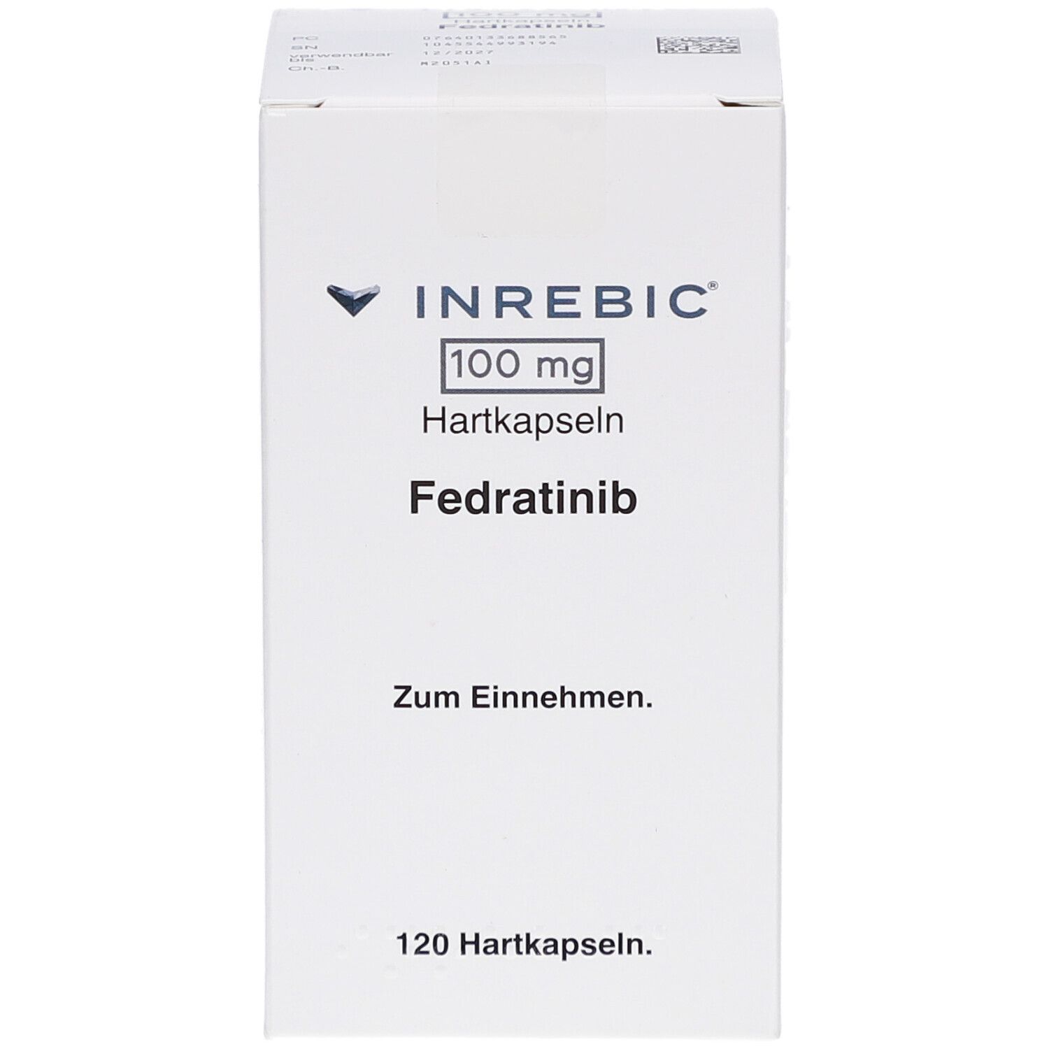 Weiße Arzneimittelbox mit INREBIC-Logo, 100 mg Hartkapseln, Fedratinib. Text: Zum Einnehmen, 120 Hartkapseln. Klare Produktkennzeichnung.