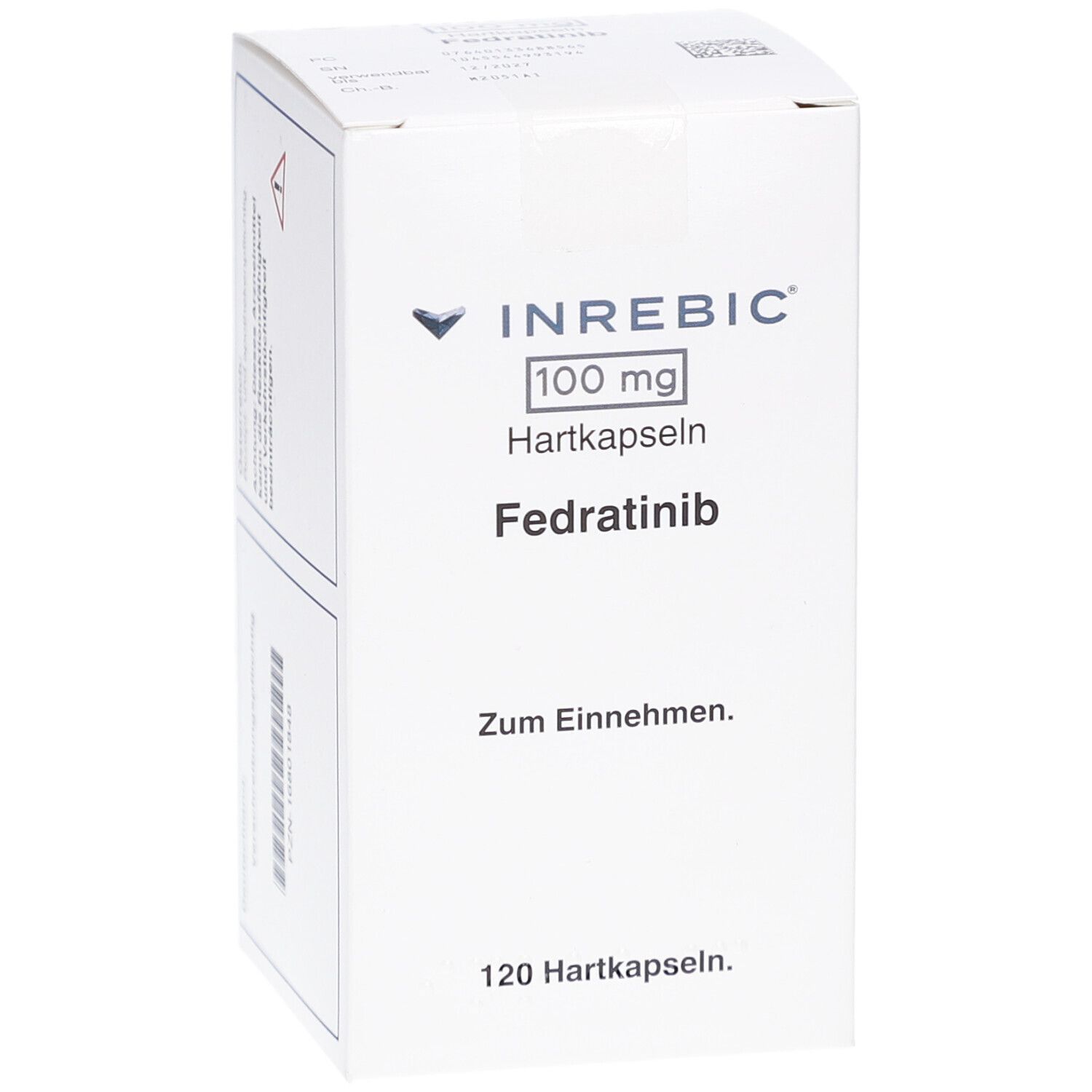Weiße Arzneimittelbox mit INREBIC-Logo, 100 mg Hartkapseln, Fedratinib. Text: Zum Einnehmen, 120 Hartkapseln. Deutliche Produktinformationen.