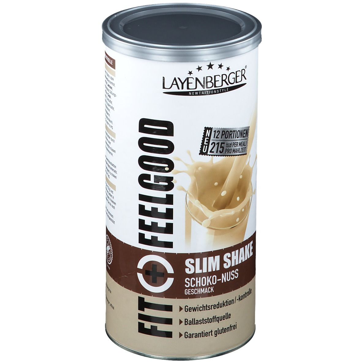 Zylinderdose mit Deckel. Aufschrift: LAYENBERGER FIT+FEELGOOD Slim Shake Schoko-Nuss. 12 Portionen. Glutenfrei.