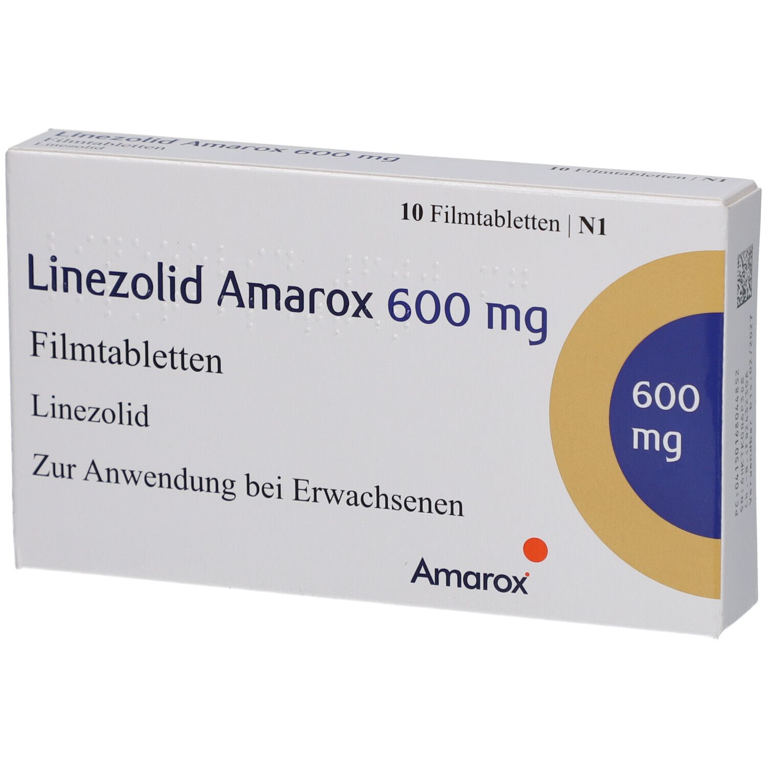 Weiße Arzneimittelverpackung. Aufschrift: Linezolid Amarox 600 mg Filmtabletten. 10 Filmtabletten. Amarox-Logo.