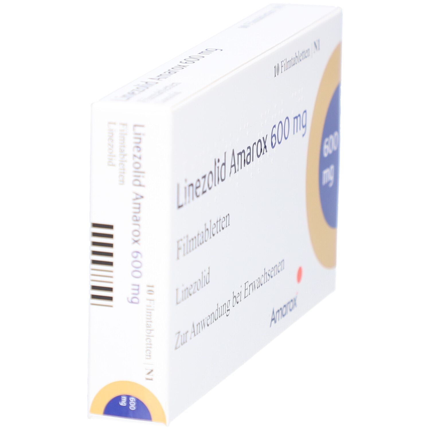 Schräg stehende Arzneimittelverpackung. Aufschrift: Linezolid Amarox 600 mg. 10 Filmtabletten. Barcode.