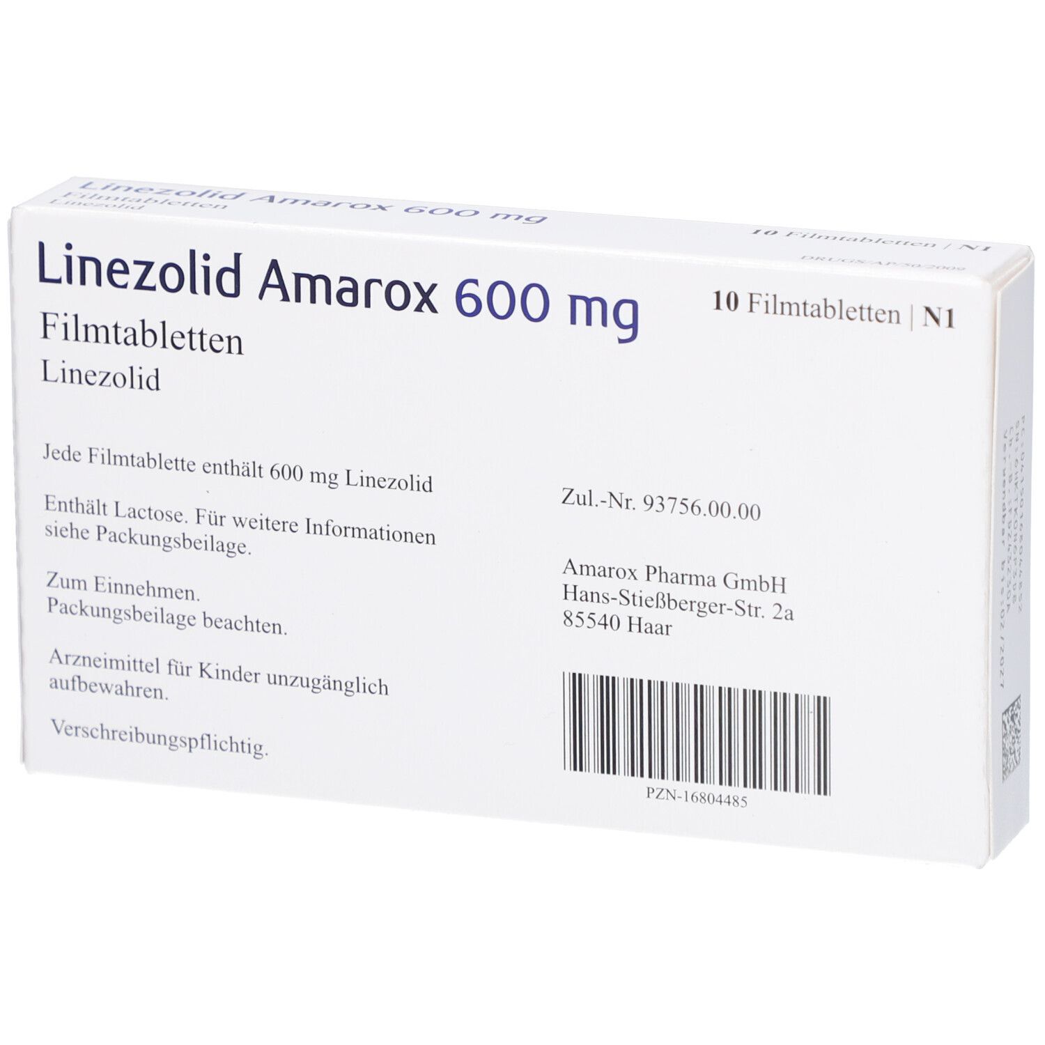 Rückseite der Arzneimittelverpackung. Text: Linezolid Amarox 600 mg. Inhaltsstoffe, Herstellerinformationen, PZN.