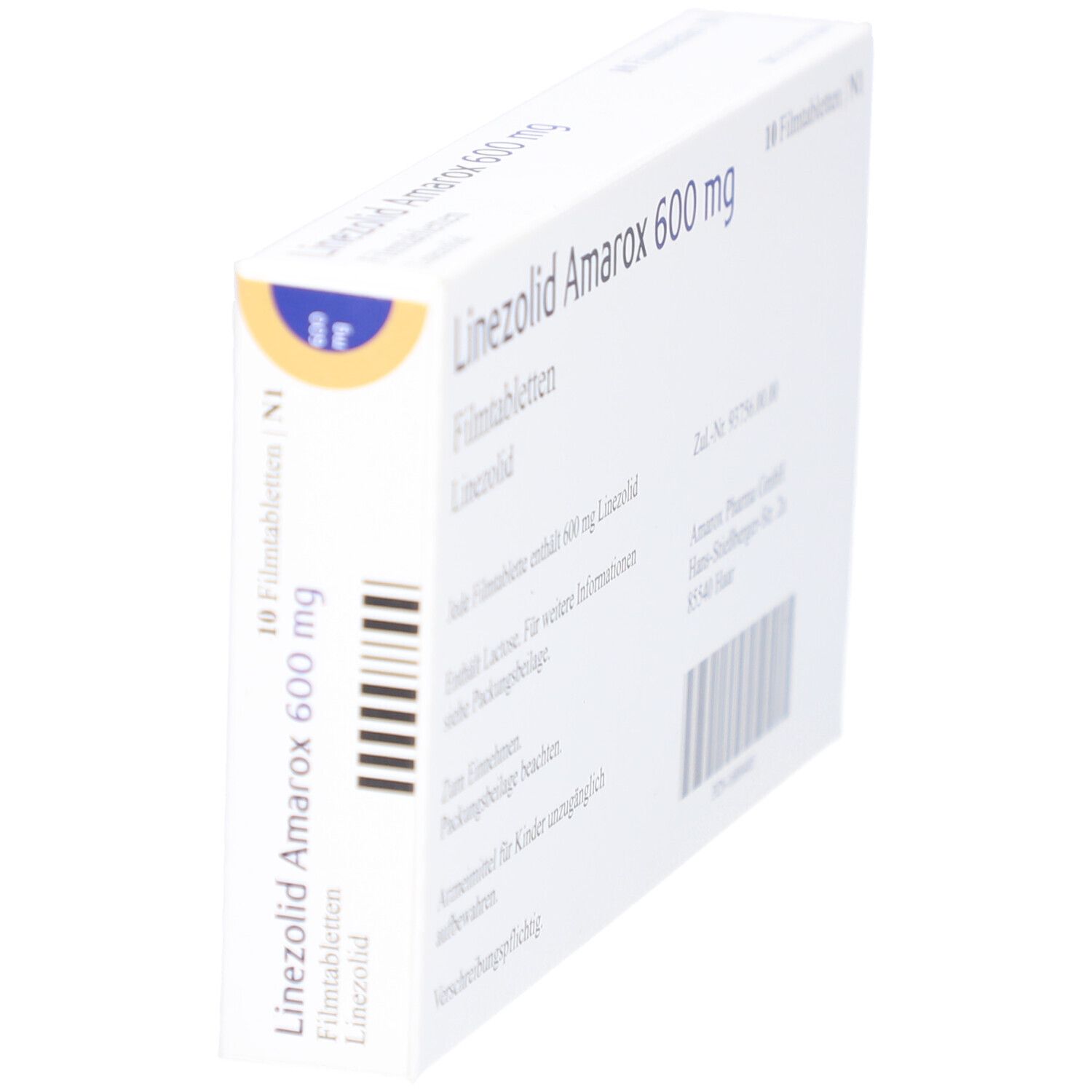 Schräg stehende Arzneimittelverpackung. Aufschrift: Linezolid Amarox 600 mg. Barcode und Text.