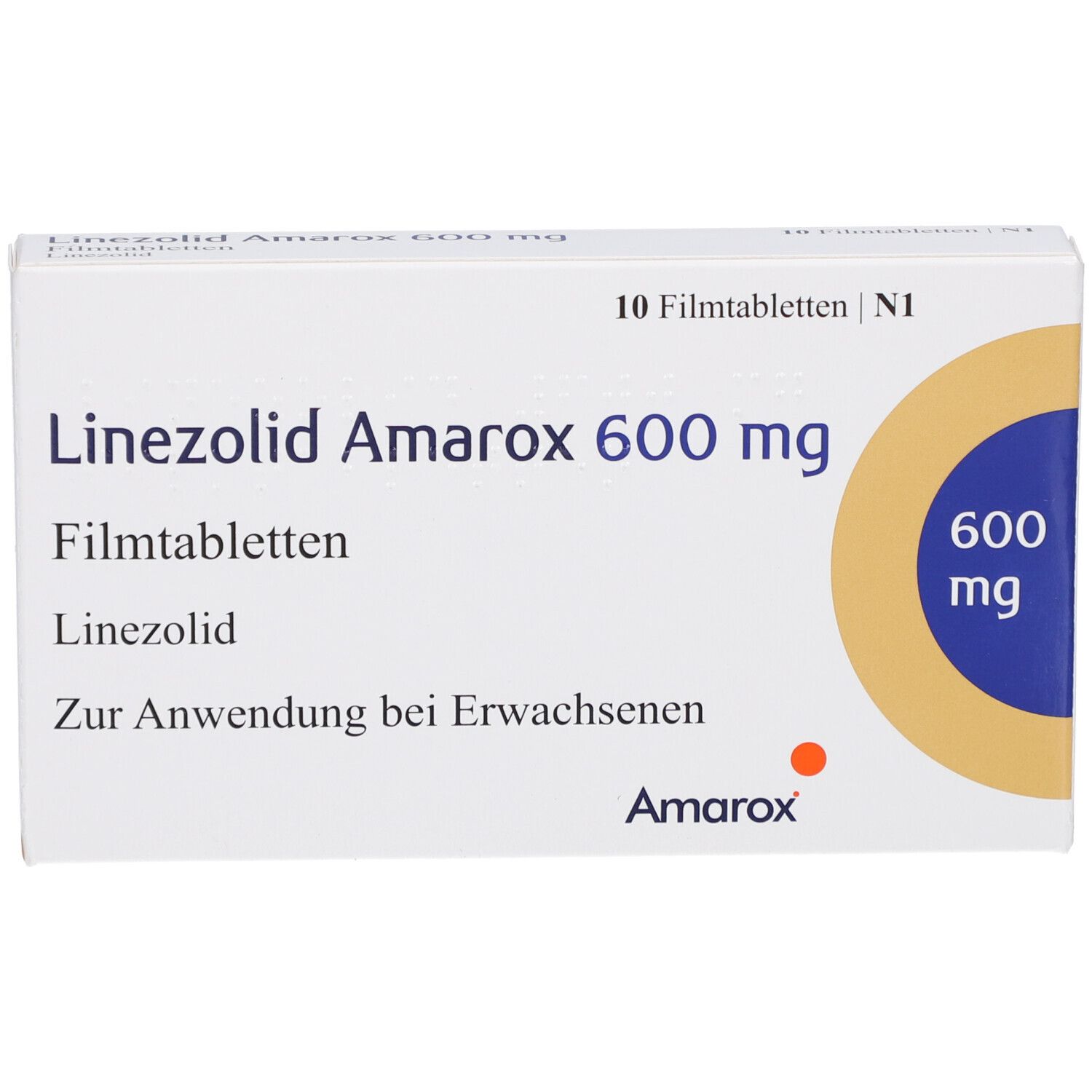 Arzneimittelverpackung. Aufschrift: Linezolid Amarox 600 mg Filmtabletten. 10 Filmtabletten. Amarox-Logo.