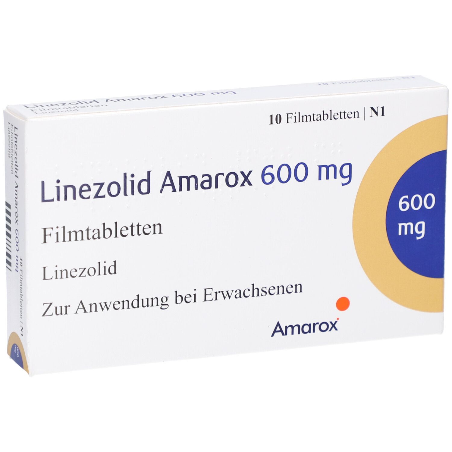 Arzneimittelverpackung. Aufschrift: Linezolid Amarox 600 mg Filmtabletten. 10 Filmtabletten. Amarox-Logo.