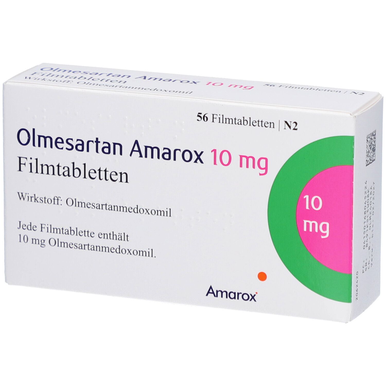 Schachtel Olmesartan Amarox 10 mg Filmtabletten. 56 Tabletten. Wirkstoff: Olmesartanmedoxomil. Verpackung mit grünen und rosa Akzenten.