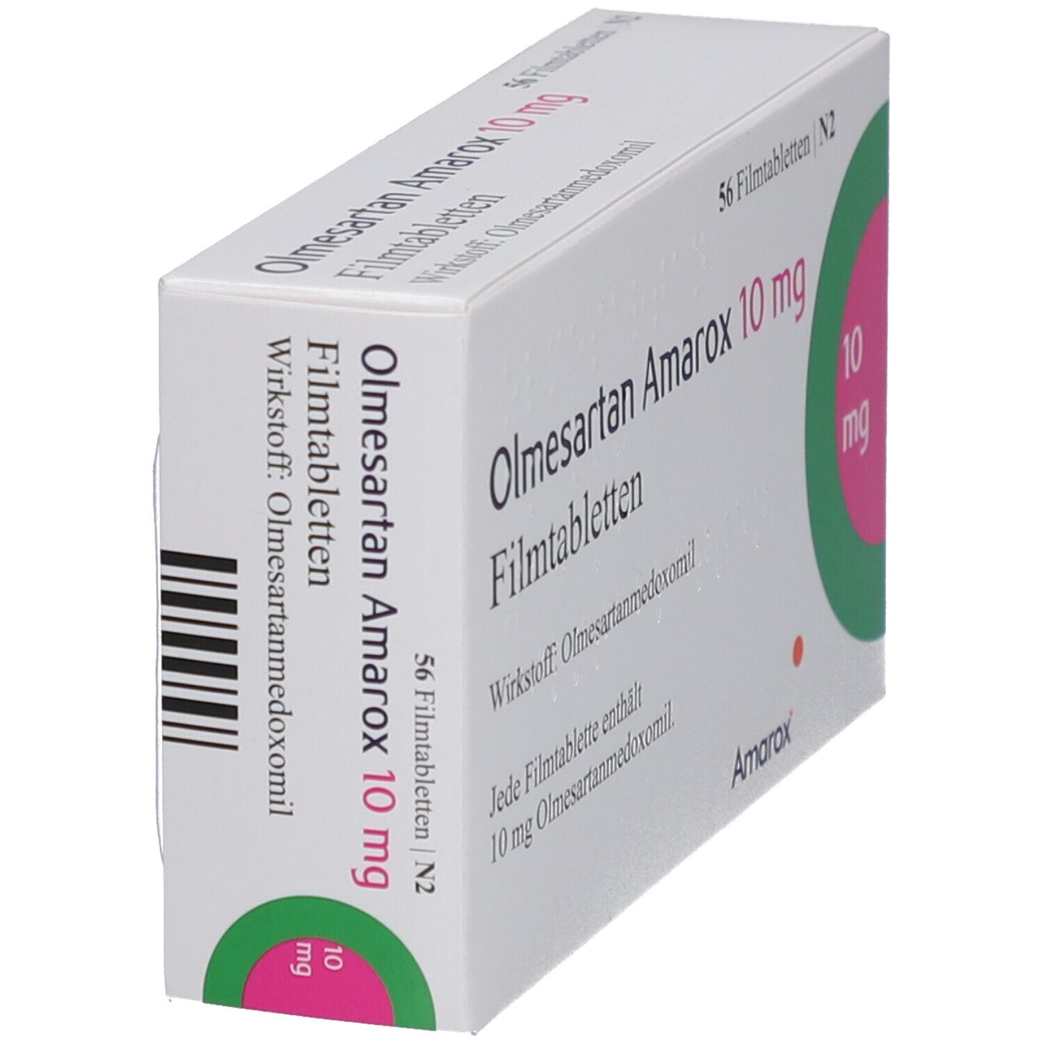 Schachtel Olmesartan Amarox 10 mg Filmtabletten, schräg. 56 Tabletten. Wirkstoff: Olmesartanmedoxomil. Verpackung mit grünen und rosa Akzenten.