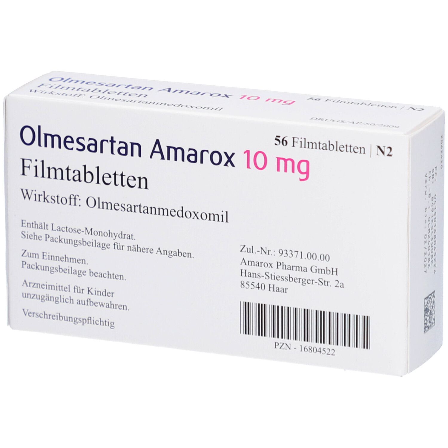 Schachtel Olmesartan Amarox 10 mg Filmtabletten. 56 Tabletten. Wirkstoff: Olmesartanmedoxomil. Rückseite mit Text und Barcode.