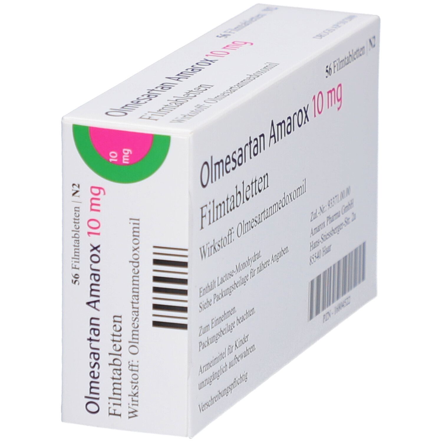 Schachtel Olmesartan Amarox 10 mg Filmtabletten, schräg. 56 Tabletten. Wirkstoff: Olmesartanmedoxomil. Rückseite mit Text und Barcode.