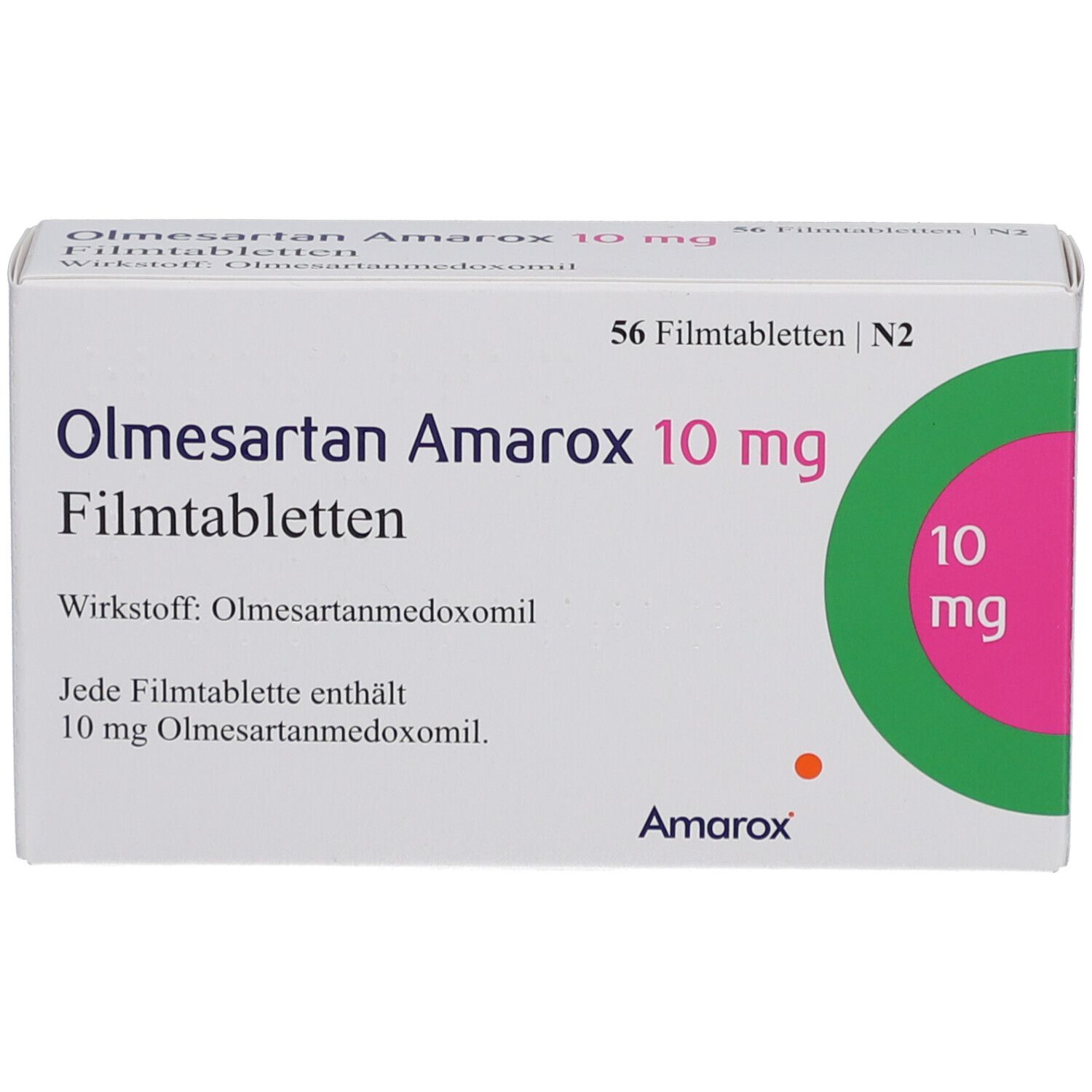 Schachtel Olmesartan Amarox 10 mg Filmtabletten. 56 Tabletten. Wirkstoff: Olmesartanmedoxomil. Verpackung mit grünen und rosa Akzenten.