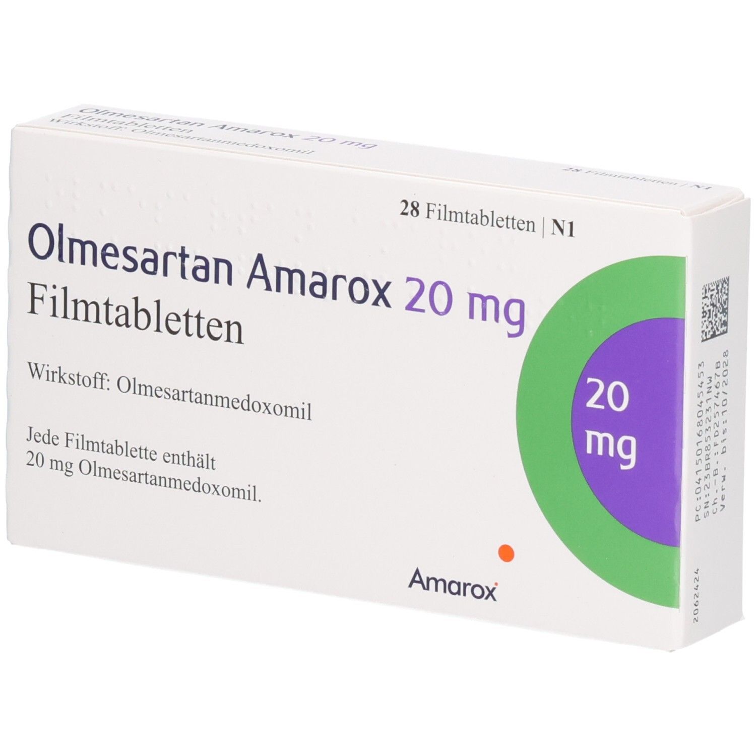 Schachtel mit Olmesartan Amarox 20 mg Filmtabletten. Aufschrift: 28 Filmtabletten. Wirkstoff: Olmesartanmedoxomil. Packung mit grünen und violetten Akzenten.