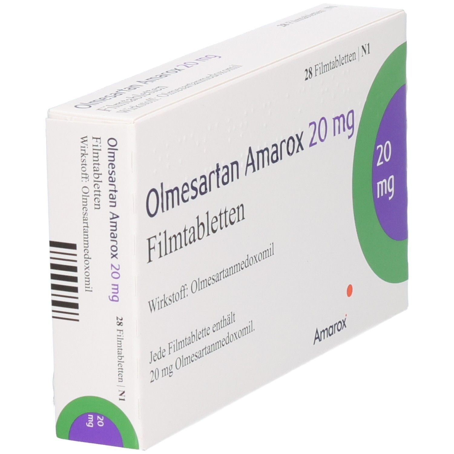 Schachtel mit Olmesartan Amarox 20 mg Filmtabletten, leicht schräg. Aufschrift: 28 Filmtabletten. Wirkstoff: Olmesartanmedoxomil. Packung mit grünen und violetten Akzenten.