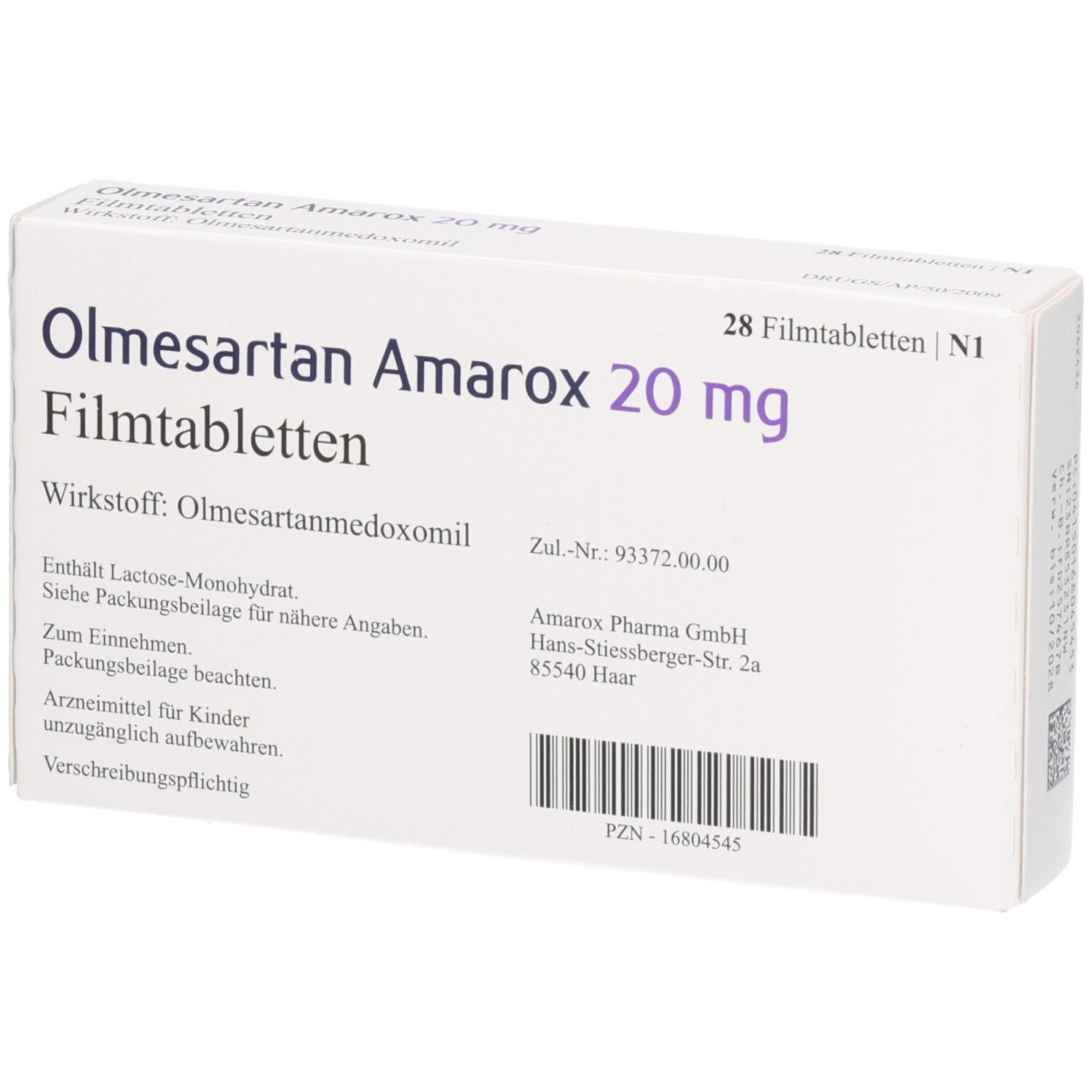 Schachtel mit Olmesartan Amarox 20 mg Filmtabletten. Aufschrift: 28 Filmtabletten. Wirkstoff: Olmesartanmedoxomil. Herstellerinformationen und PZN-Nummer.