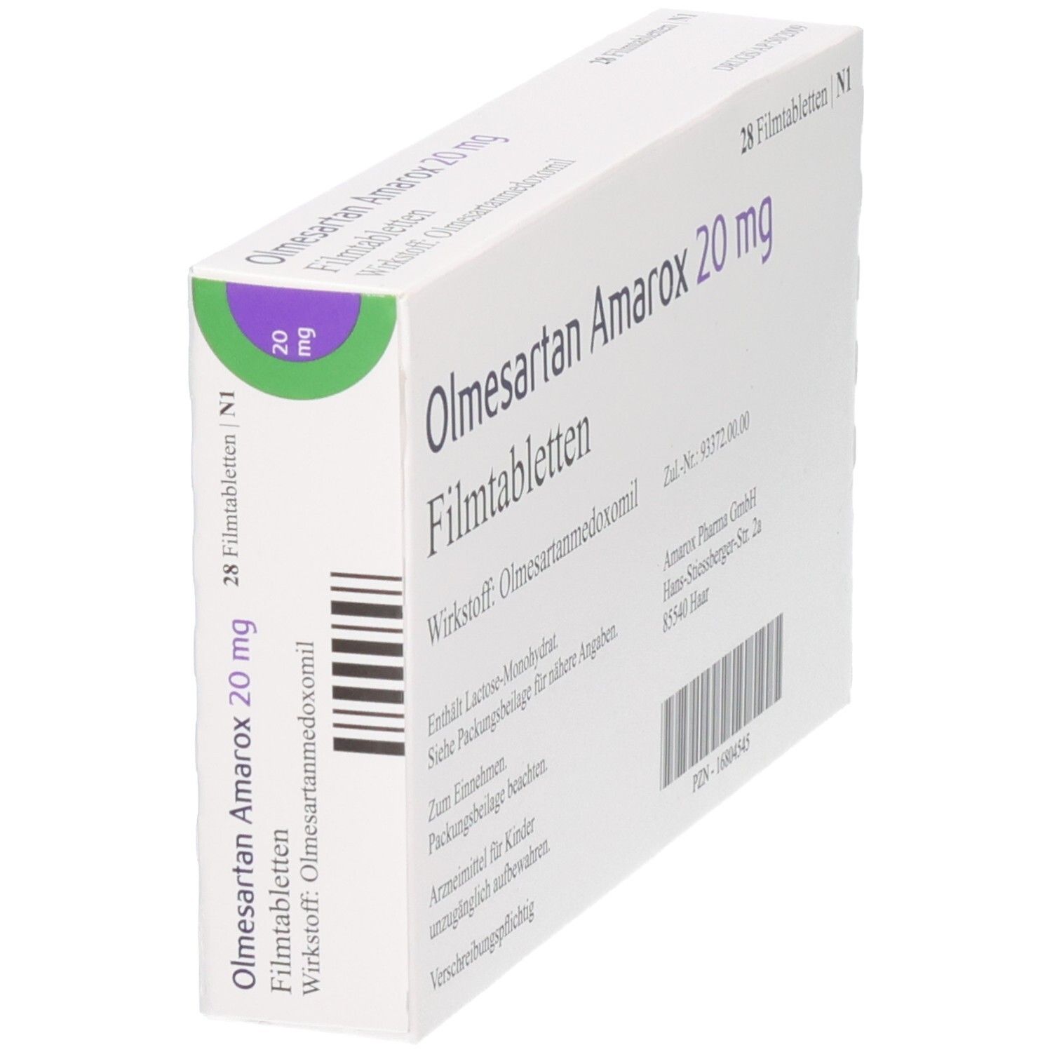 Schachtel mit Olmesartan Amarox 20 mg Filmtabletten, leicht schräg. Aufschrift: 28 Filmtabletten. Wirkstoff: Olmesartanmedoxomil. Barcode und Herstellerinformationen.