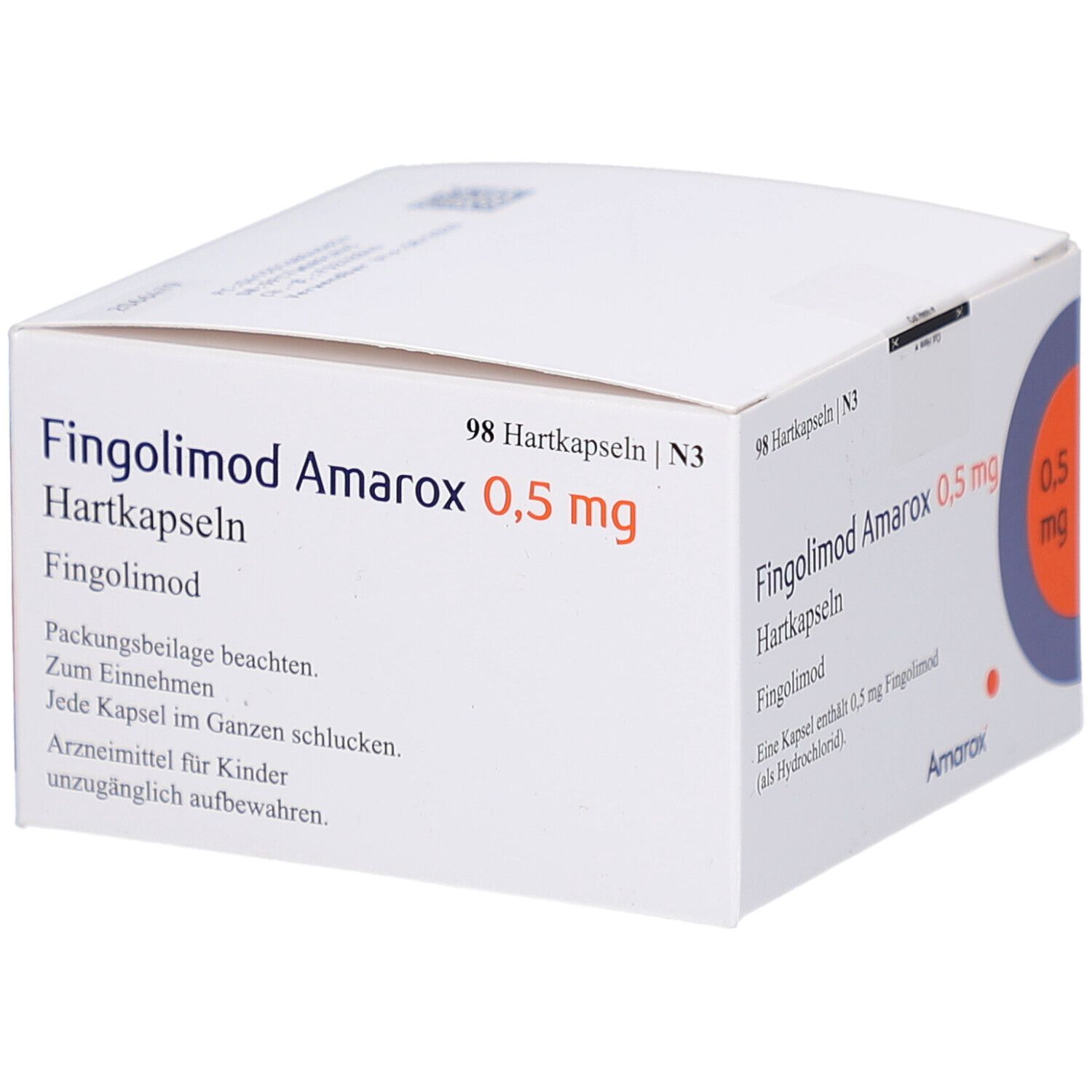 Weiße Faltschachtel mit Aufschrift FINGOLIMOD Amarox 0,5 mg Hartkapseln. Enthält 98 Kapseln. Text und Logo Amarox.