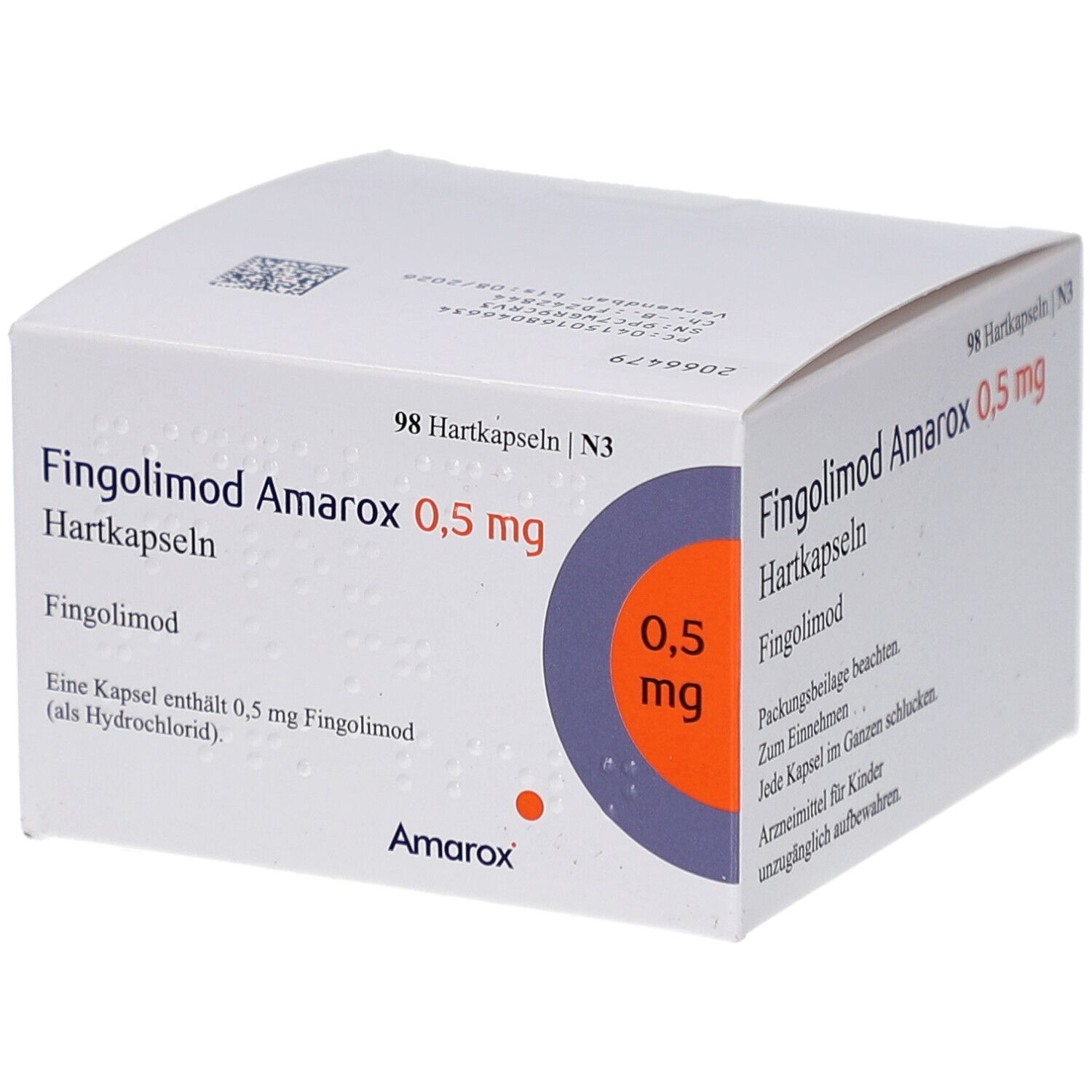 Weiße Faltschachtel mit Aufschrift FINGOLIMOD Amarox 0,5 mg Hartkapseln. Enthält 98 Kapseln. Logo Amarox.