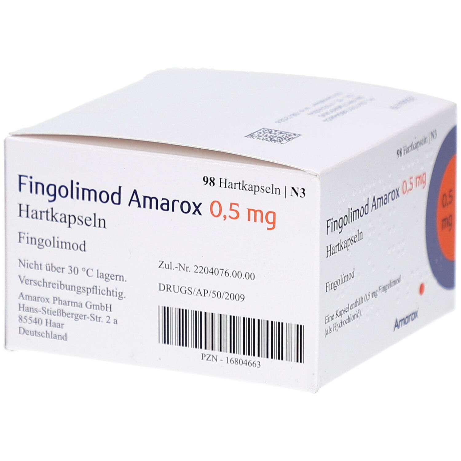 Weiße Faltschachtel mit Aufschrift FINGOLIMOD Amarox 0,5 mg Hartkapseln. Enthält 98 Kapseln. Logo Amarox.