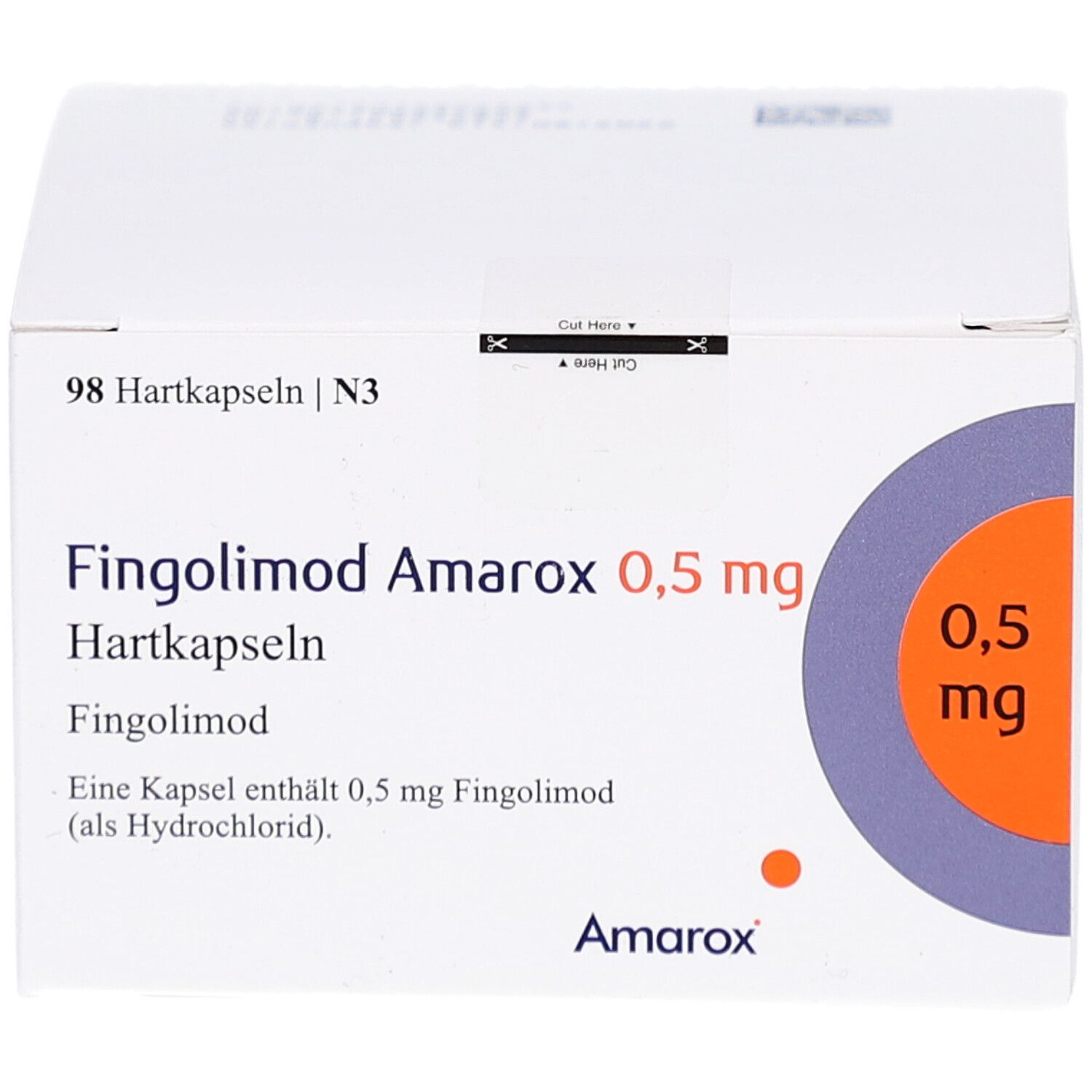 Weiße Faltschachtel mit Aufschrift FINGOLIMOD Amarox 0,5 mg Hartkapseln. Enthält 98 Kapseln. Logo Amarox.