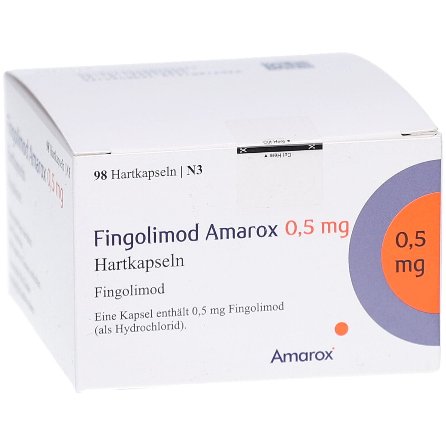Weiße Faltschachtel mit Aufschrift FINGOLIMOD Amarox 0,5 mg Hartkapseln. Enthält 98 Kapseln. Logo Amarox.