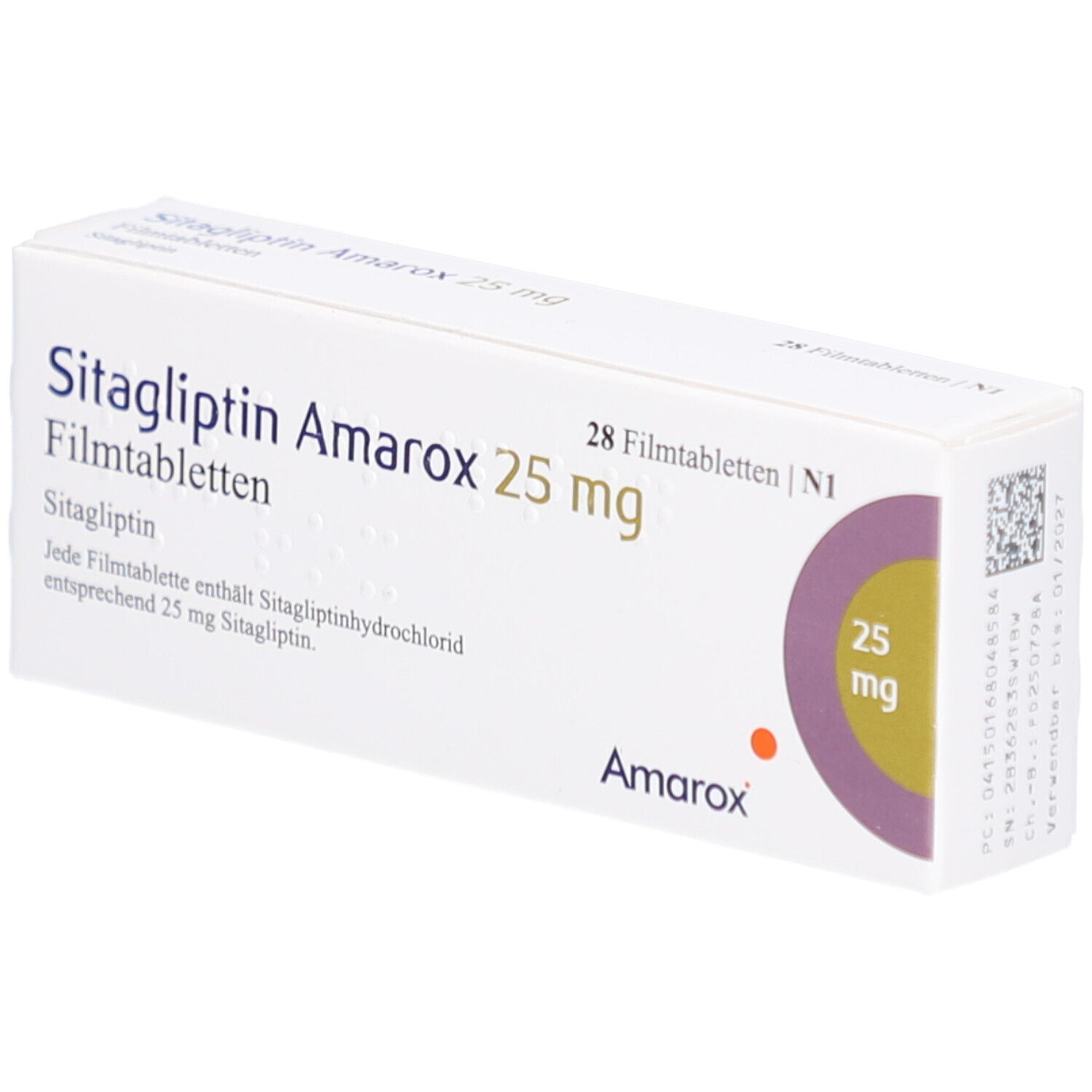 Schachtel mit SITAGLIPTIN Amarox 25 mg Filmtabletten. Aufschrift: 28 Filmtabletten. Lila Kreis mit 25 mg. Weißer Hintergrund.