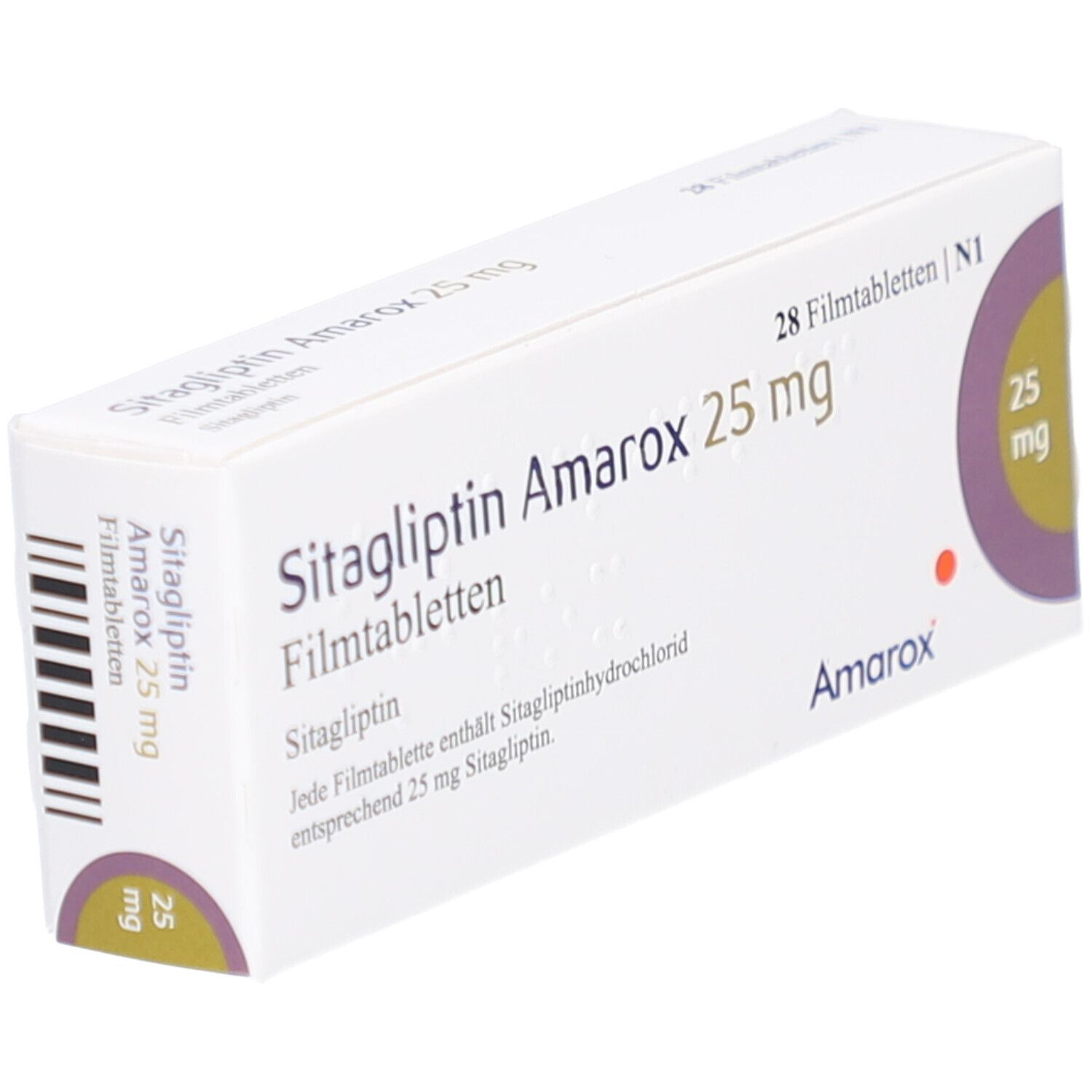 Schachtel mit SITAGLIPTIN Amarox 25 mg Filmtabletten. Aufschrift: 28 Filmtabletten. Lila Kreis mit 25 mg. Schräge Ansicht.