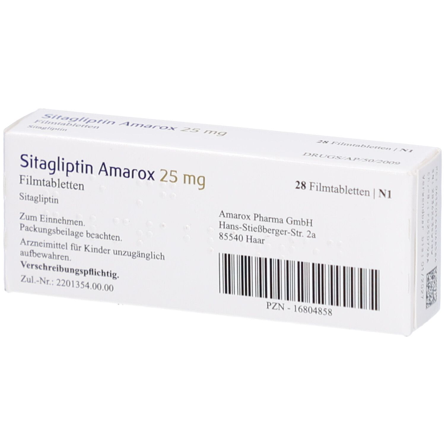 Rückseite der Schachtel mit SITAGLIPTIN Amarox 25 mg Filmtabletten. Text: Amarox Pharma GmbH, PZN-16804858. Barcode.