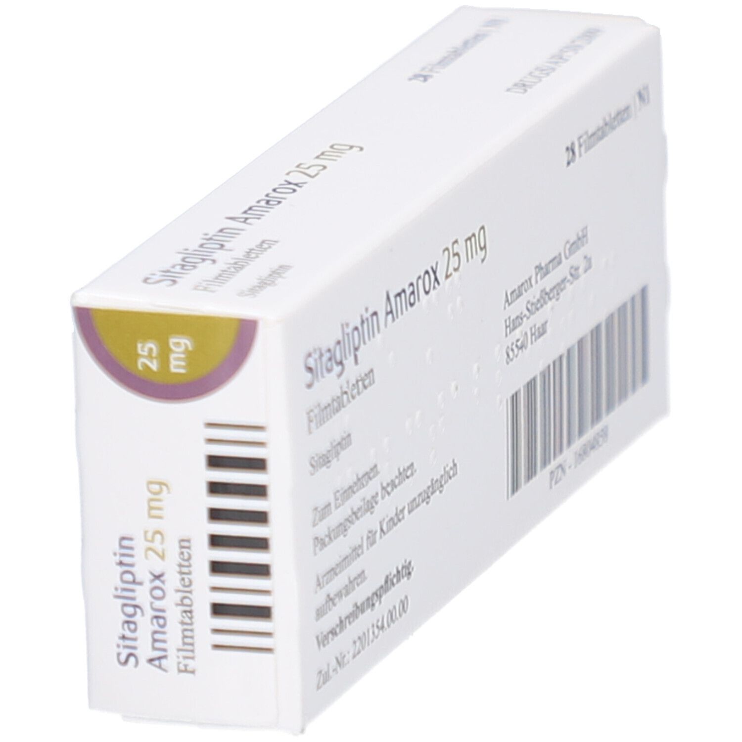 Schachtel mit SITAGLIPTIN Amarox 25 mg Filmtabletten. Aufschrift: 28 Filmtabletten. Schräge Ansicht. Lila Kreis mit 25 mg.