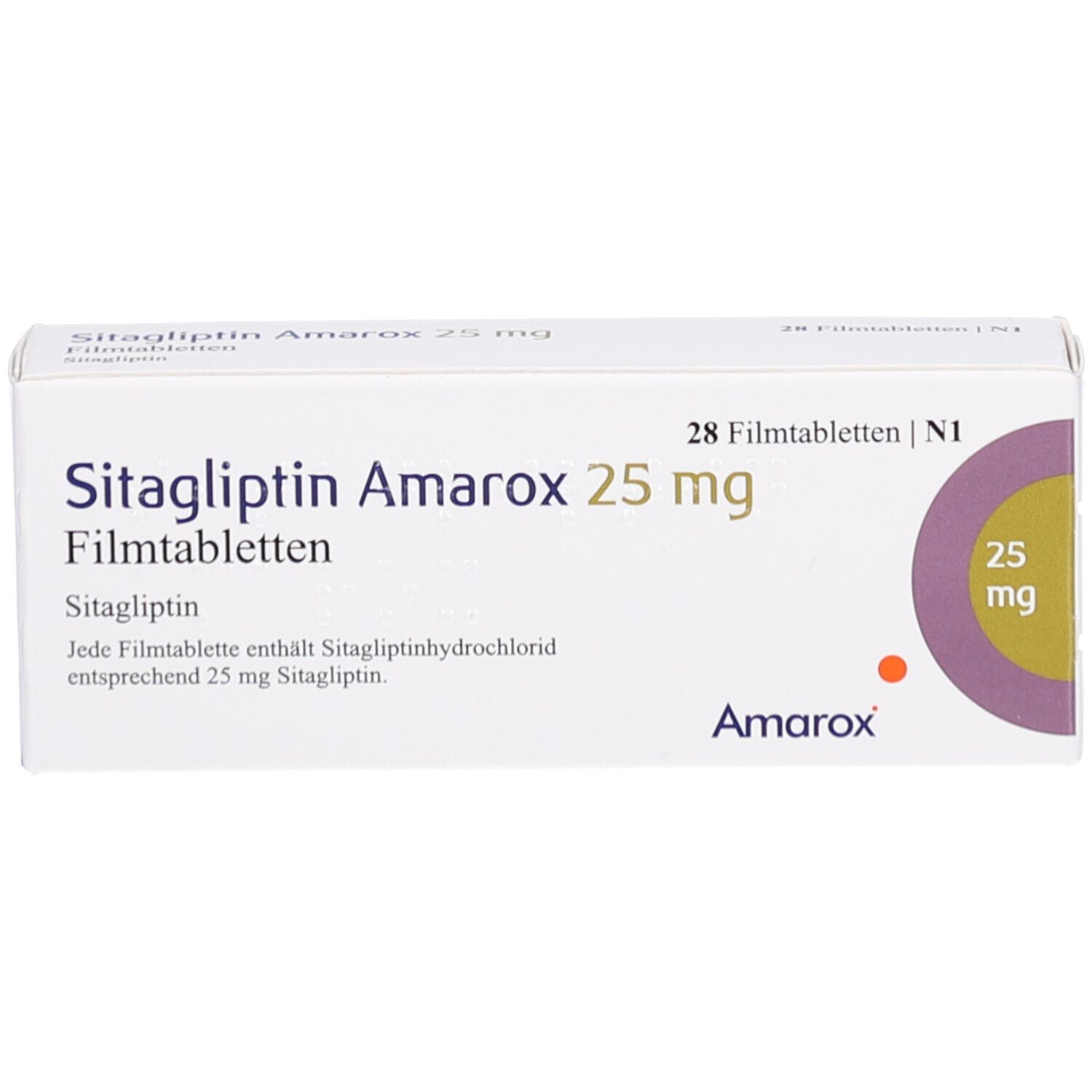 Schachtel mit SITAGLIPTIN Amarox 25 mg Filmtabletten. Aufschrift: 28 Filmtabletten. Lila Kreis mit 25 mg. Weißer Hintergrund.