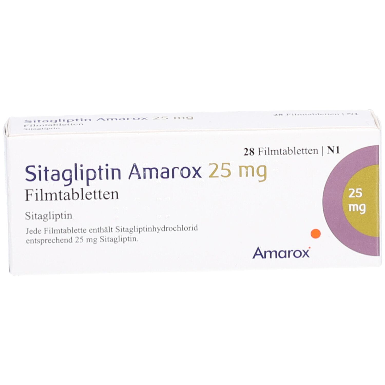 Schachtel mit SITAGLIPTIN Amarox 25 mg Filmtabletten. Aufschrift: 28 Filmtabletten. Lila Kreis mit 25 mg. Weißer Hintergrund.