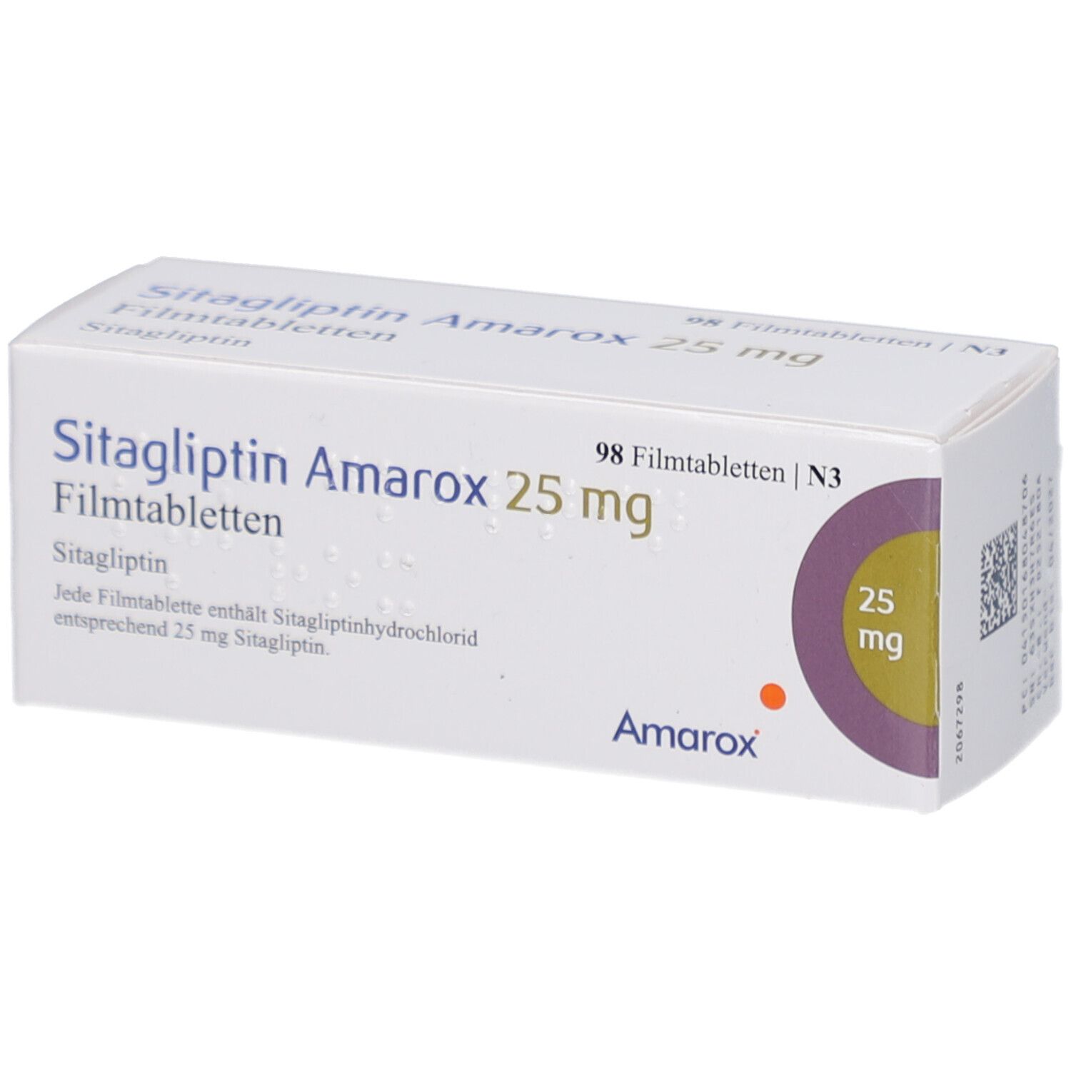 Weiße Arzneimittelverpackung mit Aufschrift Sitagliptin Amarox 25 mg Filmtabletten. Enthält 98 Tabletten. Marke Amarox.