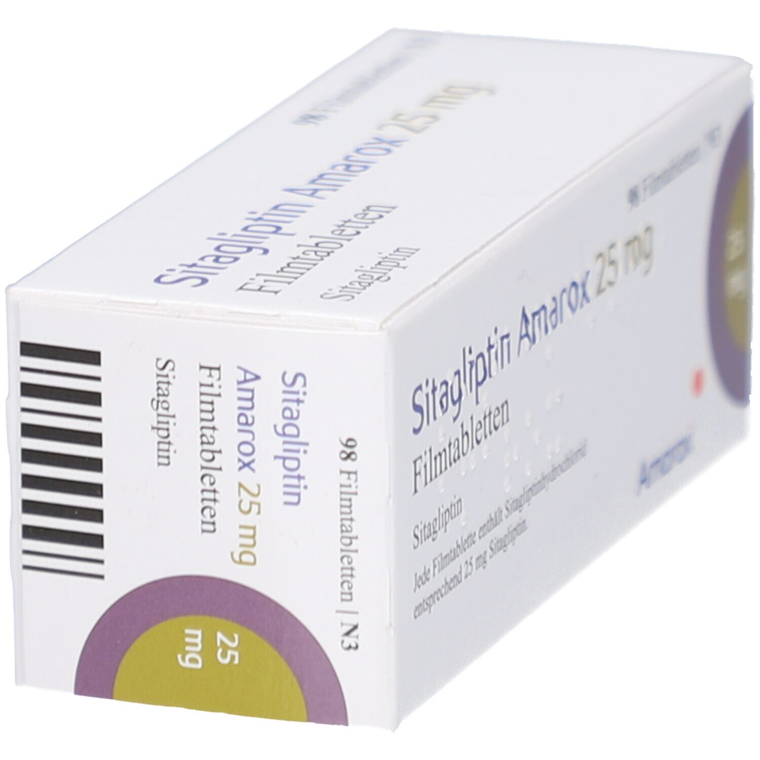 Schräg gestellte Arzneimittelverpackung mit Aufschrift Sitagliptin Amarox 25 mg Filmtabletten. Enthält 98 Tabletten. Marke Amarox.