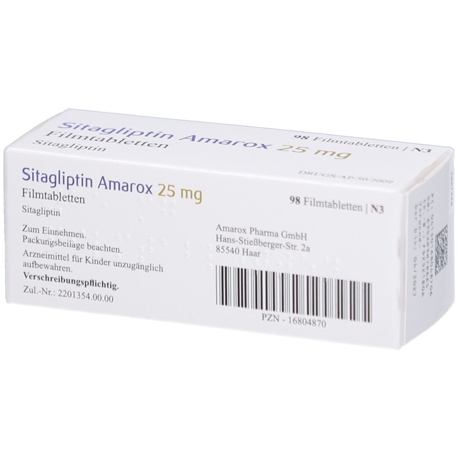Arzneimittelverpackung mit Aufschrift Sitagliptin Amarox 25 mg Filmtabletten. Enthält 98 Tabletten. Herstelleradresse und Barcode.