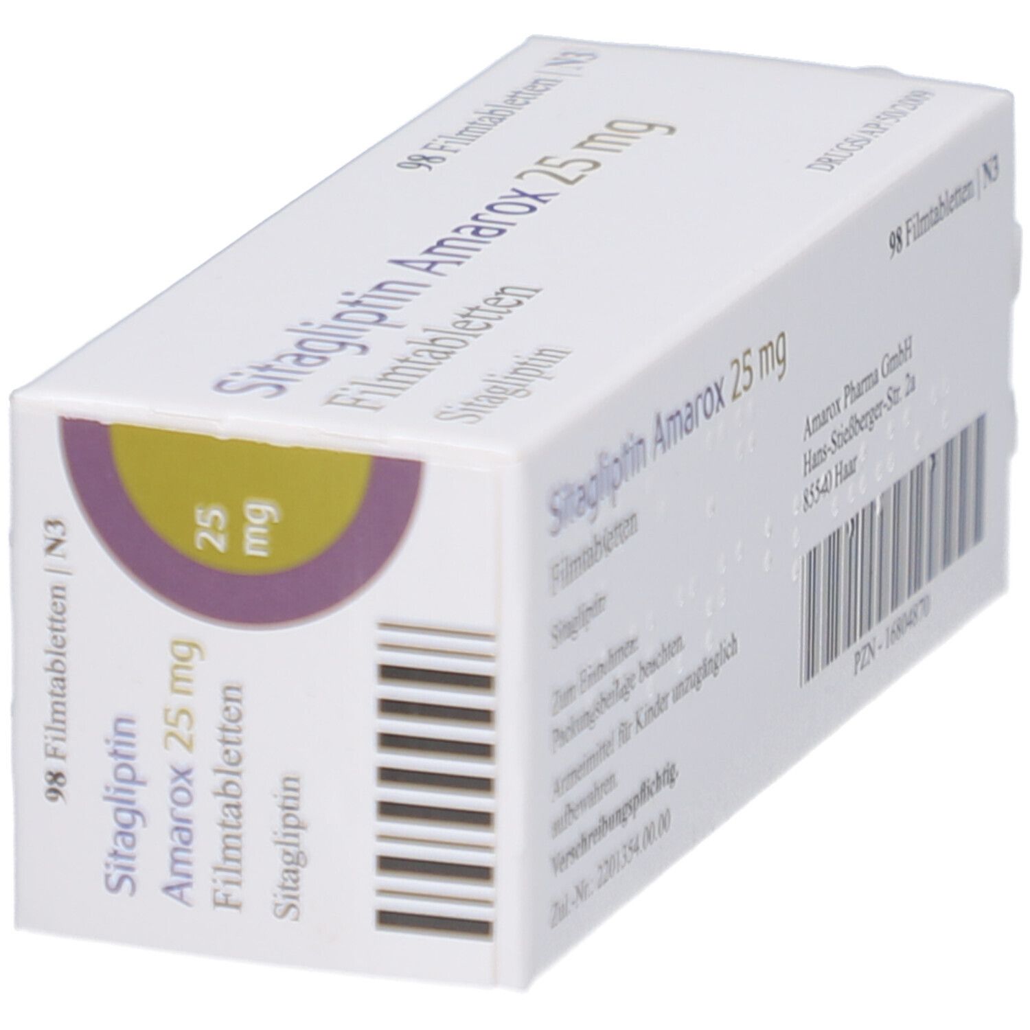 Schräg gestellte Arzneimittelverpackung mit Aufschrift Sitagliptin Amarox 25 mg Filmtabletten. Enthält 98 Tabletten. Herstelleradresse.