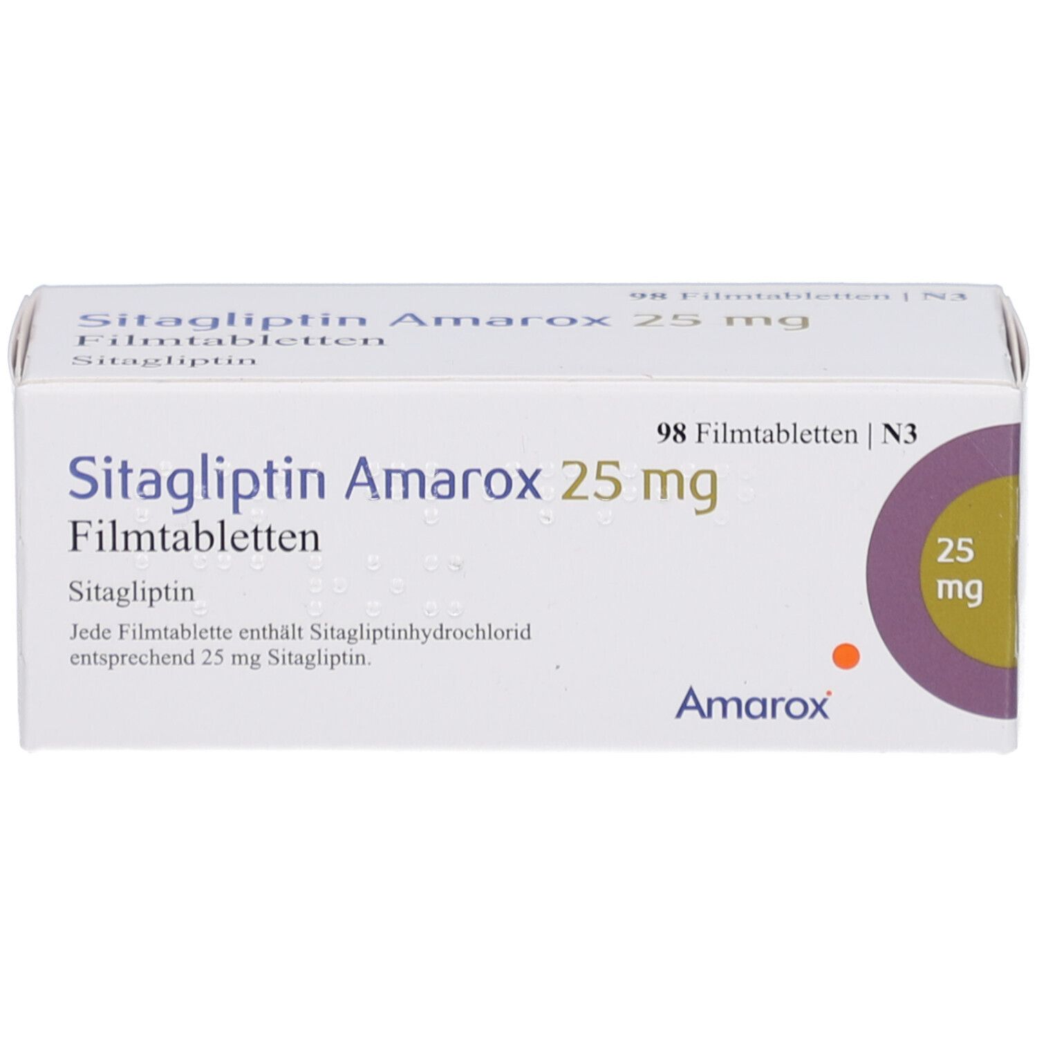Arzneimittelverpackung mit Aufschrift Sitagliptin Amarox 25 mg Filmtabletten. Enthält 98 Tabletten. Marke Amarox. Dosierungsangabe.