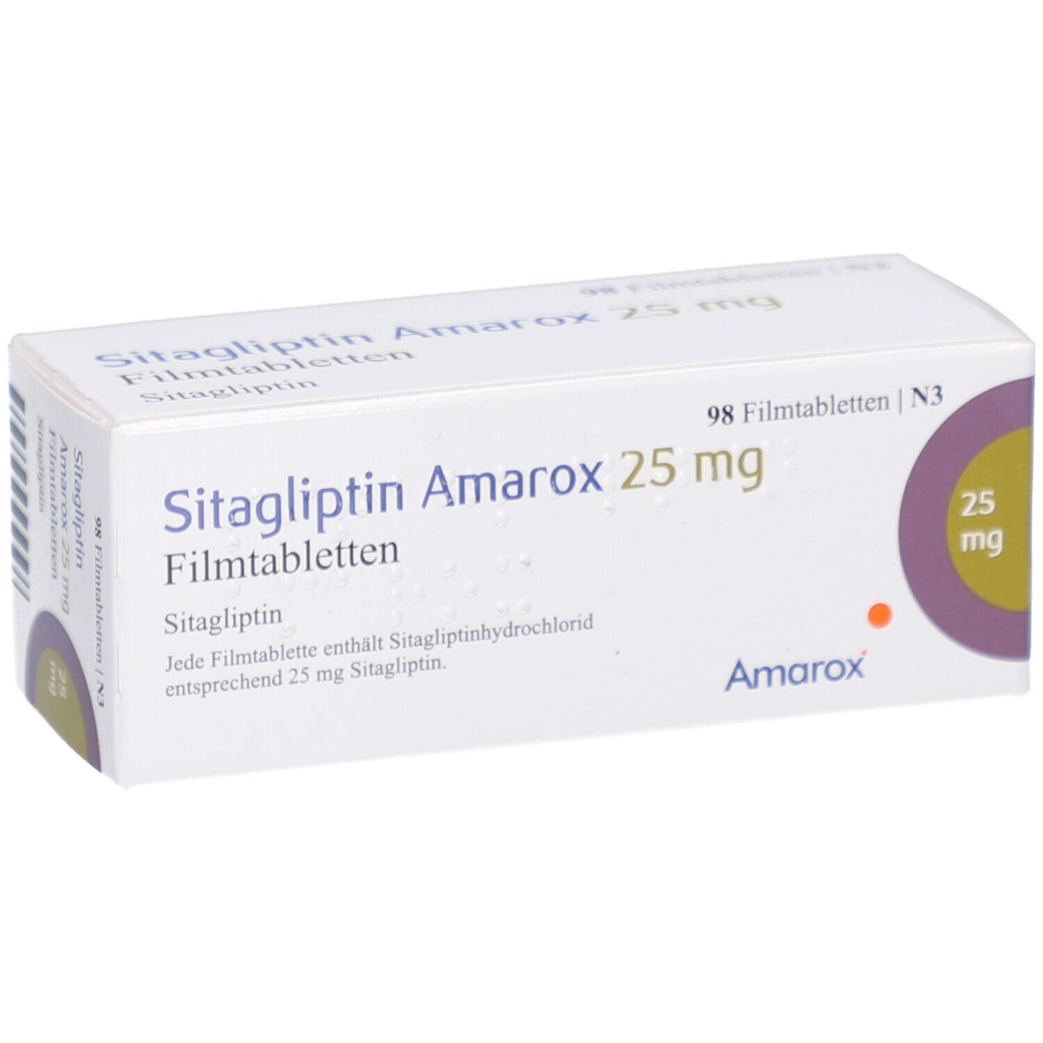 Arzneimittelverpackung mit Aufschrift Sitagliptin Amarox 25 mg Filmtabletten. Enthält 98 Tabletten. Marke Amarox. Dosierungsangabe.
