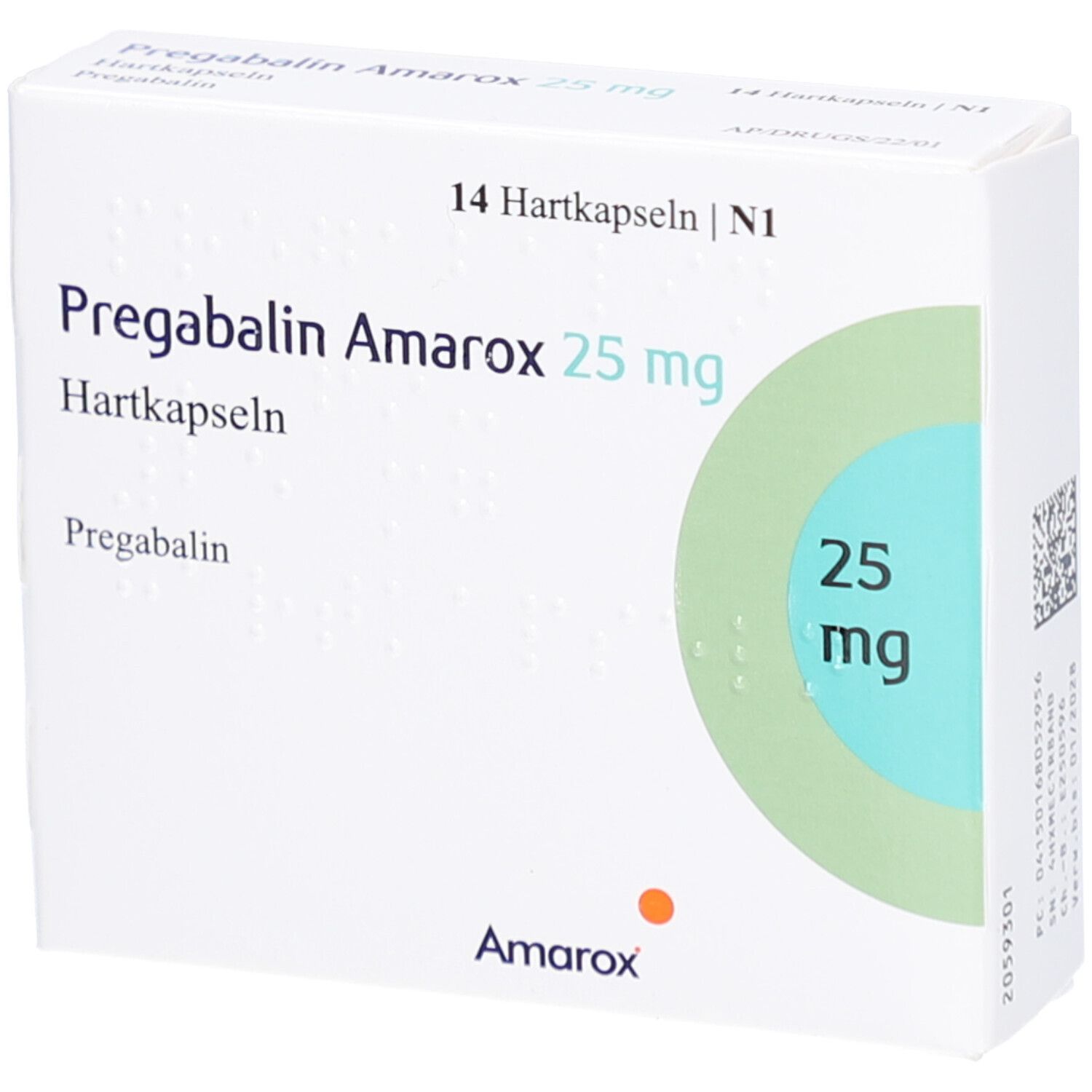 Weiße Faltschachtel mit Aufschrift Pregabalin Amarox 25 mg Hartkapseln. Abbildung einer Kapsel mit 25 mg. 14 Hartkapseln.