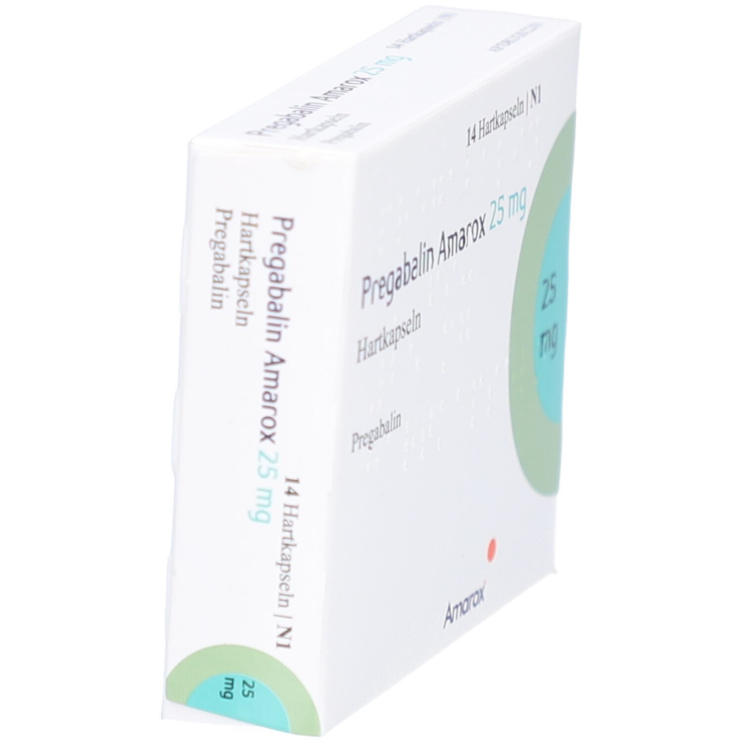 Schräg gestellte weiße Faltschachtel mit Aufschrift Pregabalin Amarox 25 mg Hartkapseln. 14 Hartkapseln. Abbildung einer Kapsel mit 25 mg.