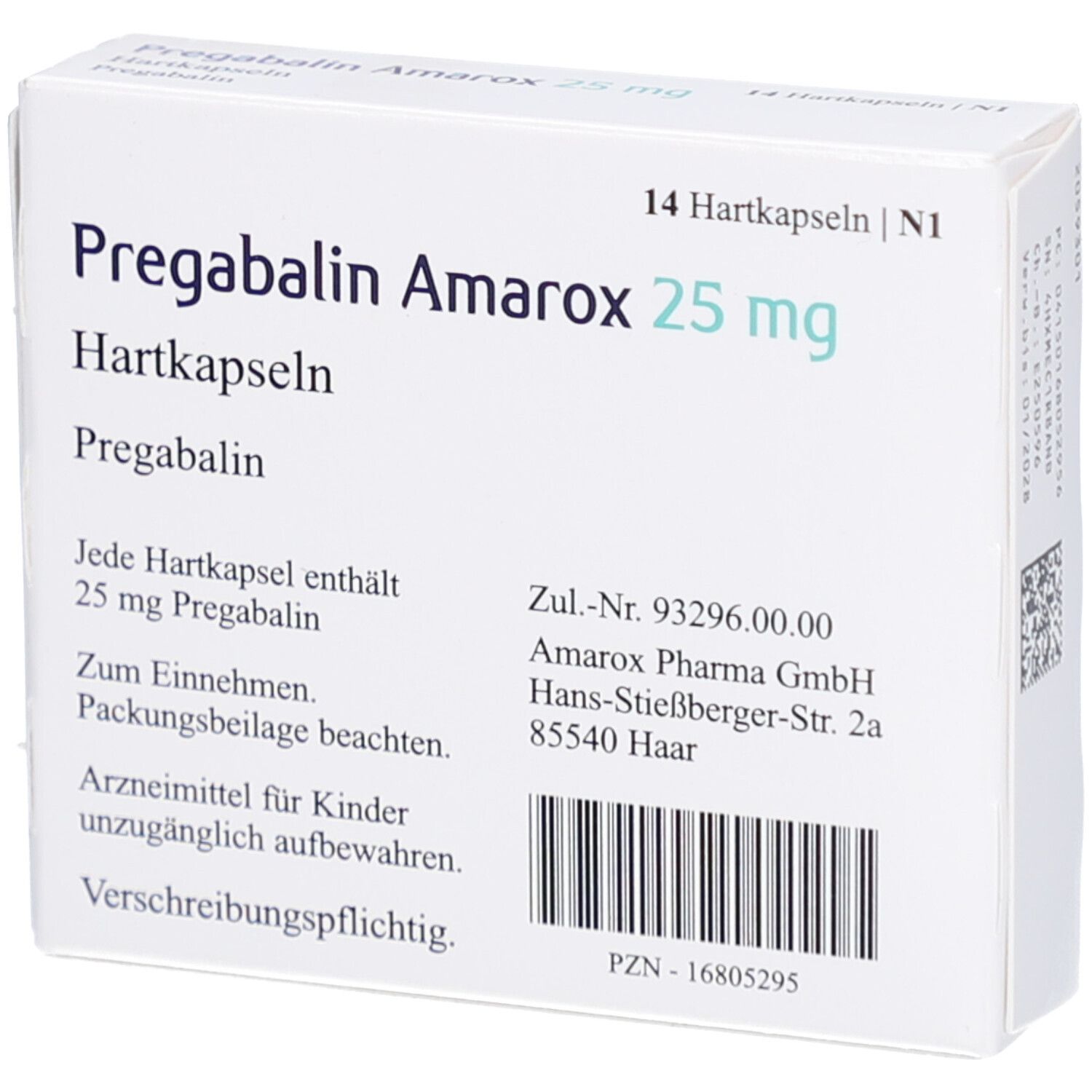 Weiße Faltschachtel mit Aufschrift Pregabalin Amarox 25 mg Hartkapseln. Enthält 14 Hartkapseln. Textinformationen und Herstellerangaben.