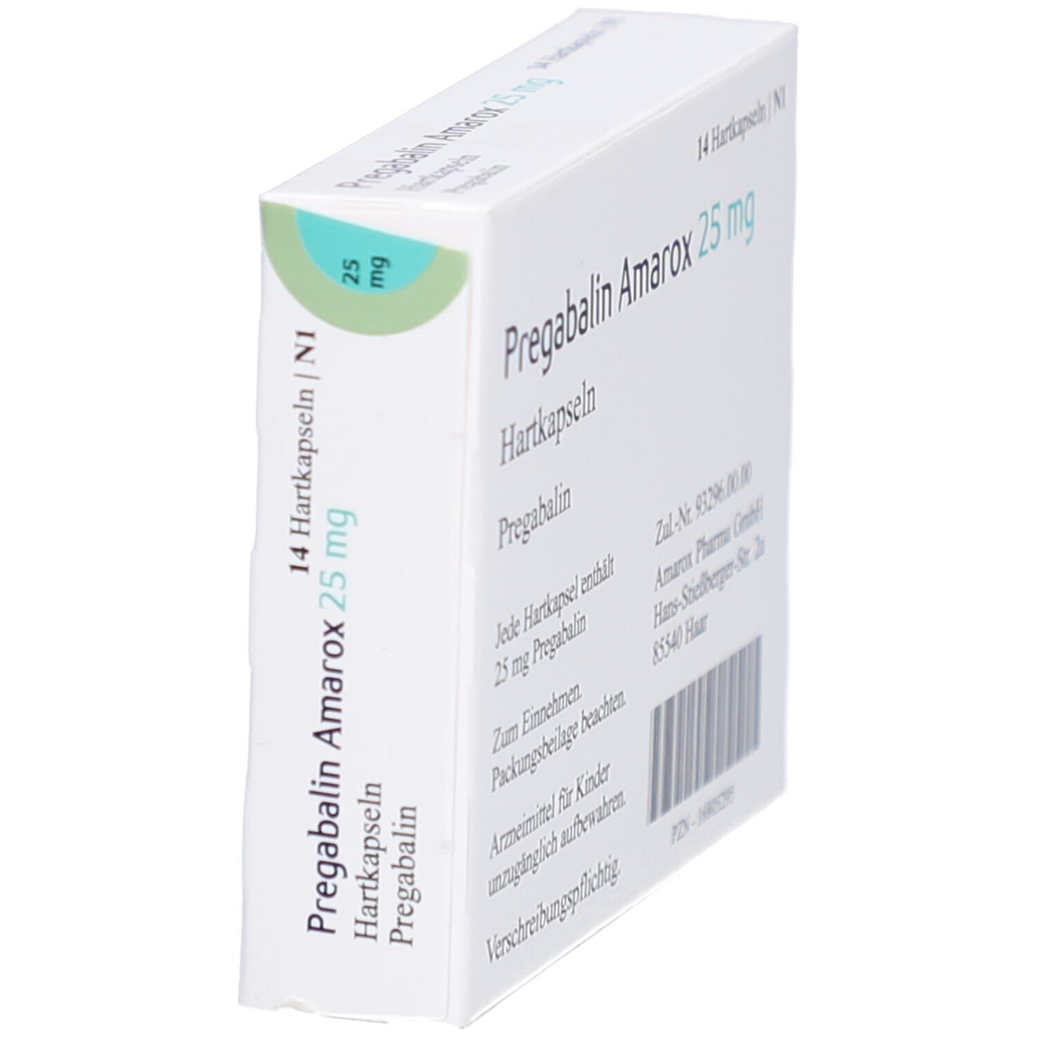 Schräg gestellte weiße Faltschachtel mit Aufschrift Pregabalin Amarox 25 mg Hartkapseln. 14 Hartkapseln. Textinformationen und Herstellerangaben.