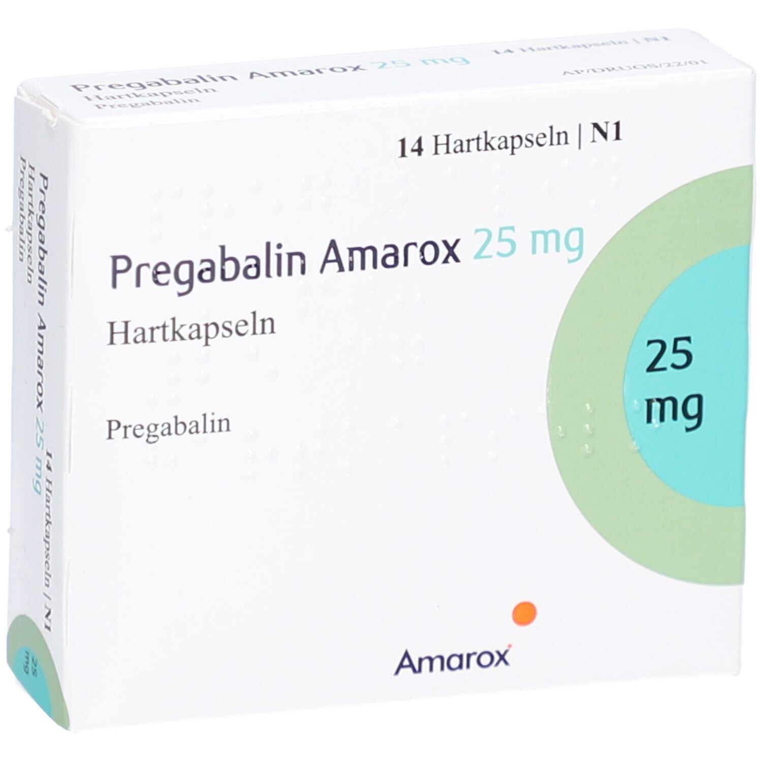 Weiße Faltschachtel mit Aufschrift Pregabalin Amarox 25 mg Hartkapseln. Abbildung einer Kapsel mit 25 mg. 14 Hartkapseln.