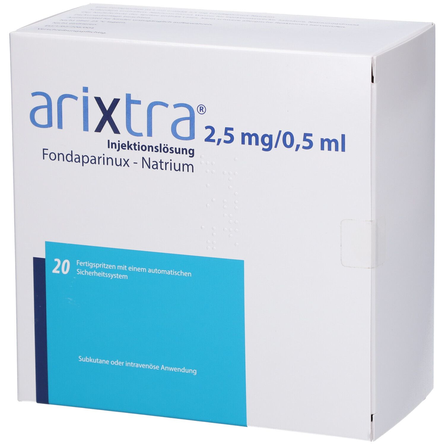 Weißer Karton mit blauer Beschriftung. Aufschrift: arixitra® 2,5 mg/0,5 ml, Injektionslösung. Enthält 20 Fertigspritzen.