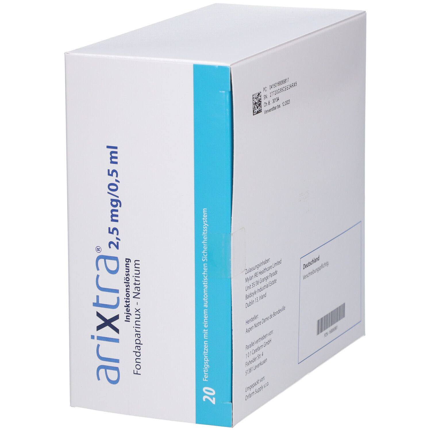 Weißer Karton mit blauer Beschriftung. Aufschrift: arixitra® 2,5 mg/0,5 ml, Injektionslösung. 20 Fertigspritzen mit Sicherheitsystem.