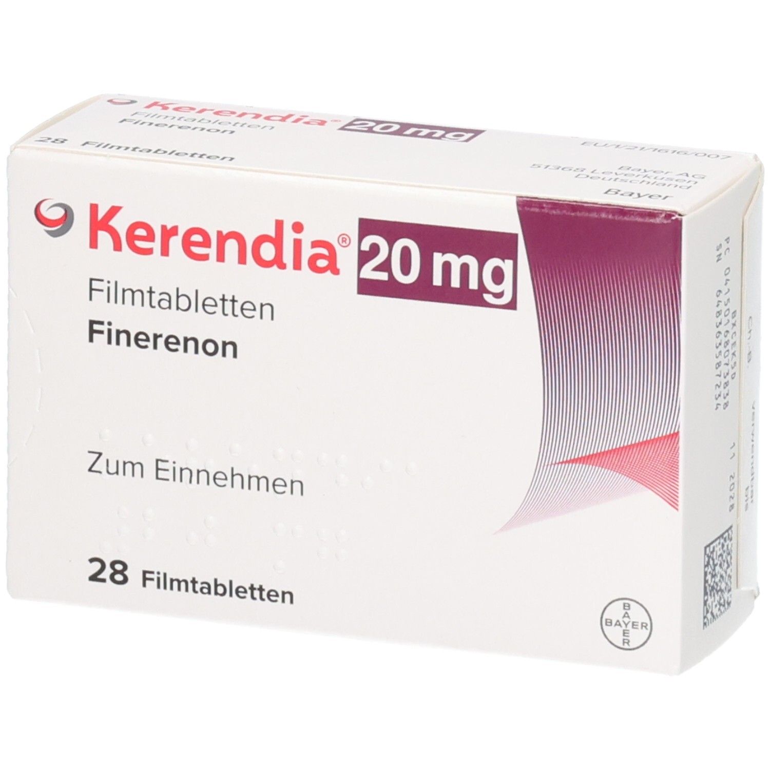 Kerendia 20 mg Filmtabletten, Finerenon. Packung mit 28 Tabletten.