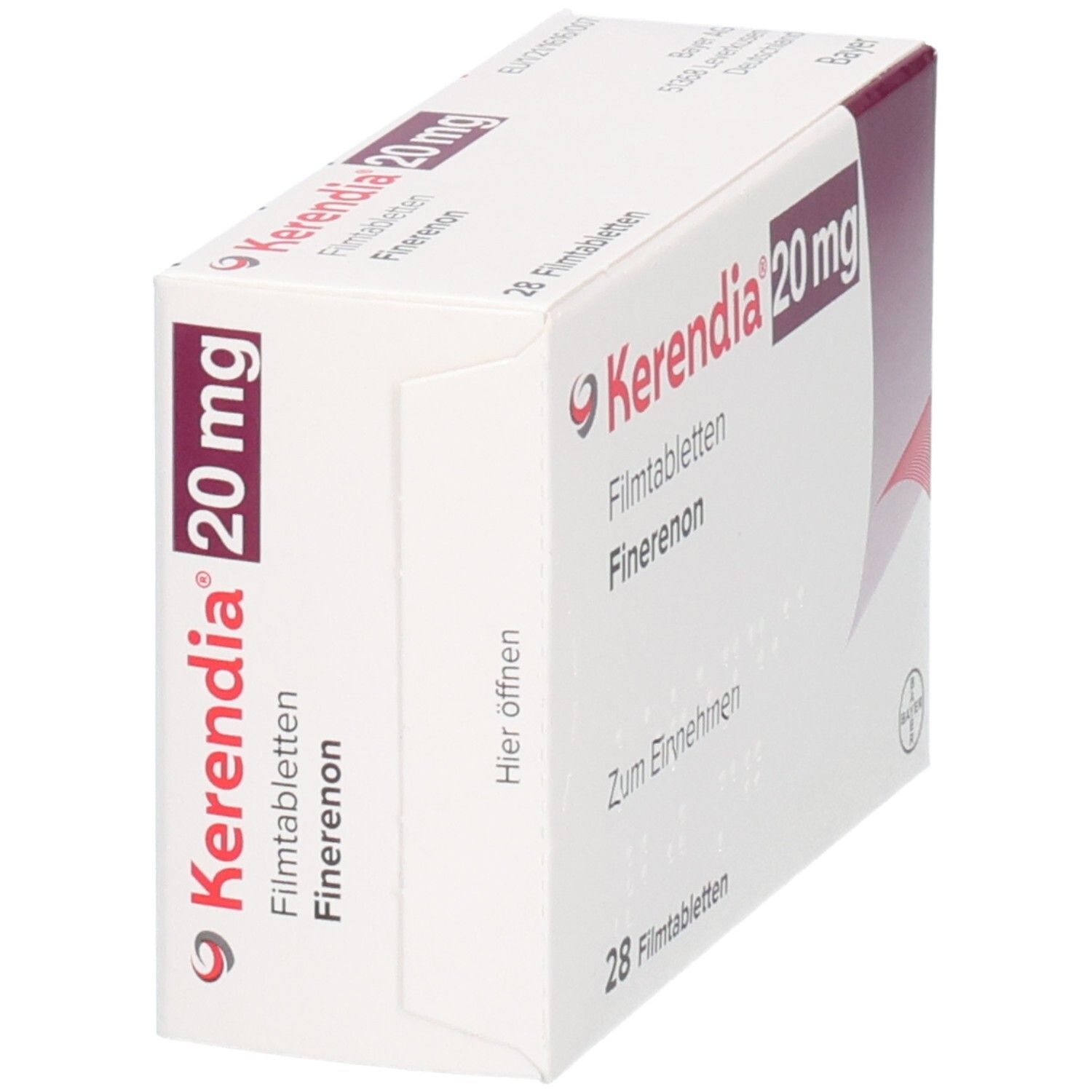 Kerendia 20 mg Filmtabletten, Finerenon. Packung mit 28 Tabletten, Seitenansicht.