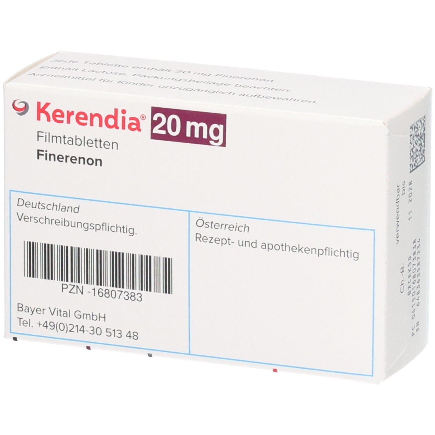 Kerendia 20 mg Filmtabletten, Finerenon. Rückseite der Packung mit PZN und Herstellerangaben.