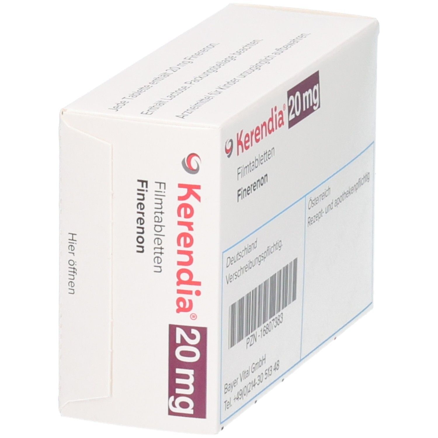 Kerendia 20 mg Filmtabletten, Finerenon. Seitenansicht der Packung mit Öffnungshinweis.